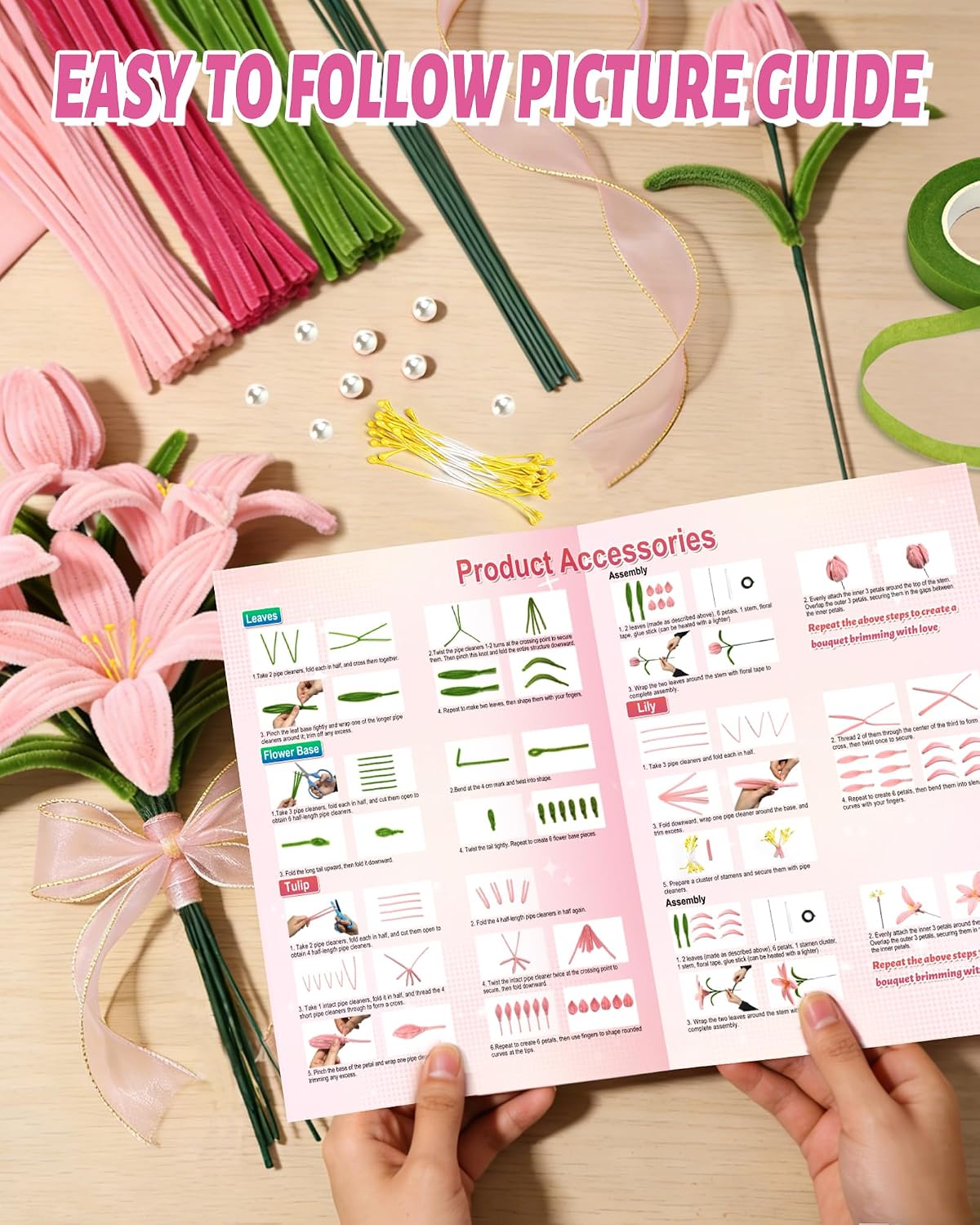 cyctravel 400 Pcs Pipe Cleaner Flower Kit, 5 Colors of Pipe Cleaners for DIY Flower Making Includes Greeting Cards, String Light, Manual, Pipe Cleaners Craft is Ideal for Holiday Gifts and Decorations