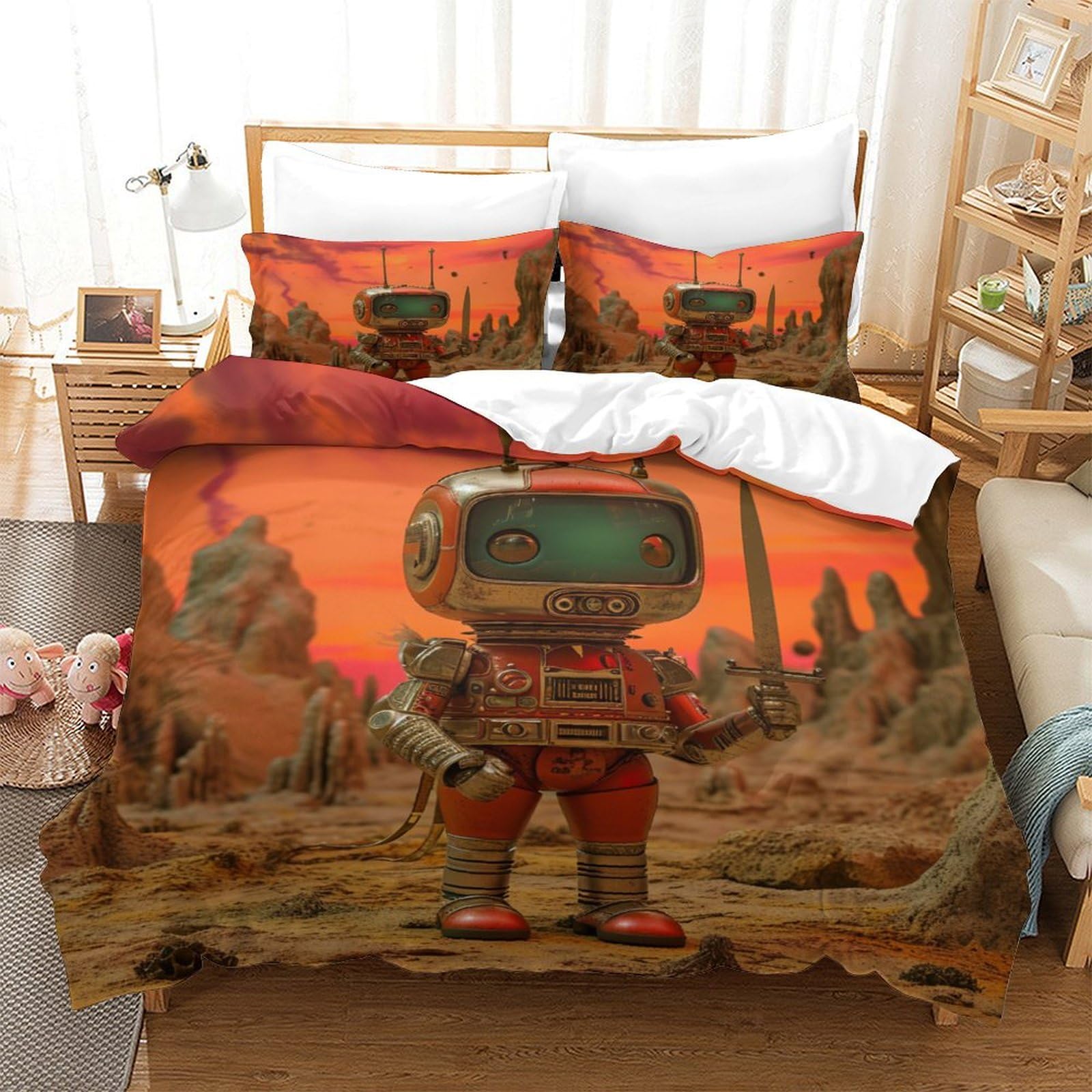 P1S9U7W5Y 3D Printed Retro Robot Space Duvet Cover Set 3pcs Microfiber Sci-Fi Galaxy Bedding Set Single（140x200cm）