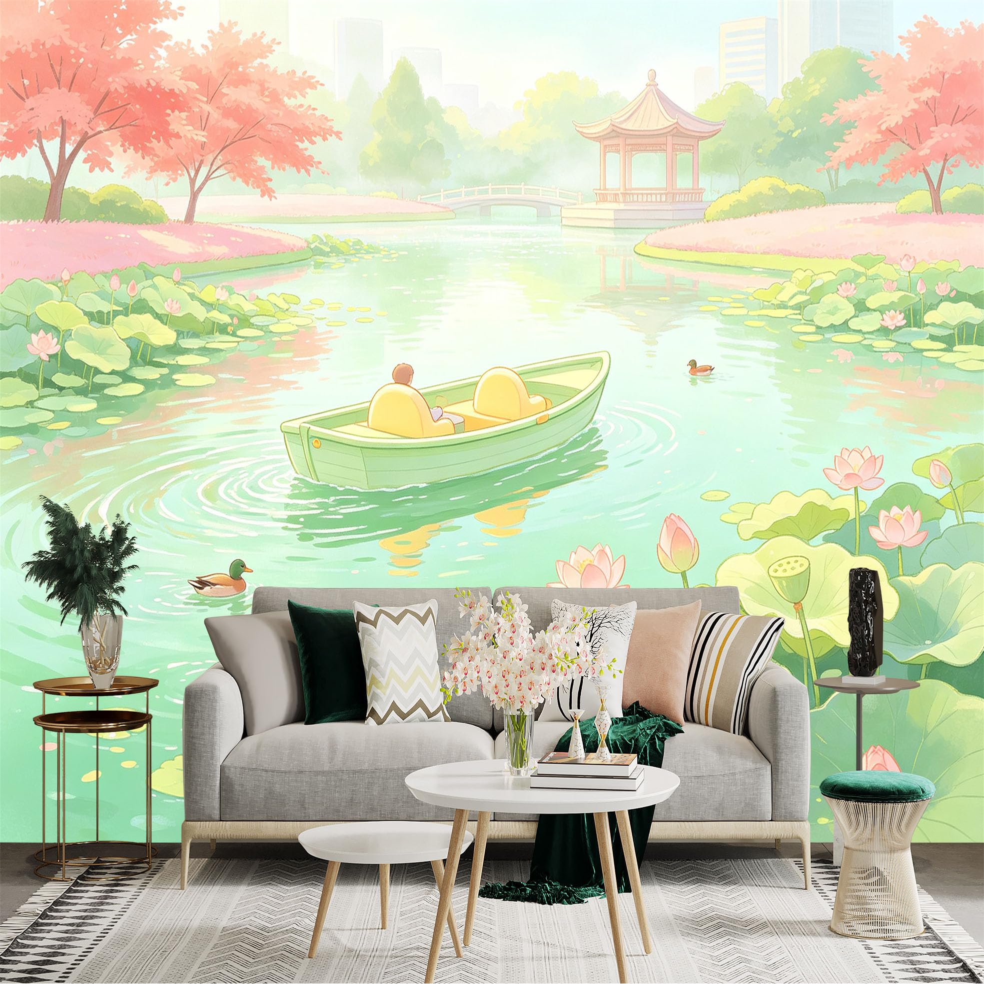 Custom Size Wall Sticker Mural， Serene Lake with Lotus Flowers， Traditional Pavilion and Boating Scene， for wall Decoration， peelandstick wall Decals.