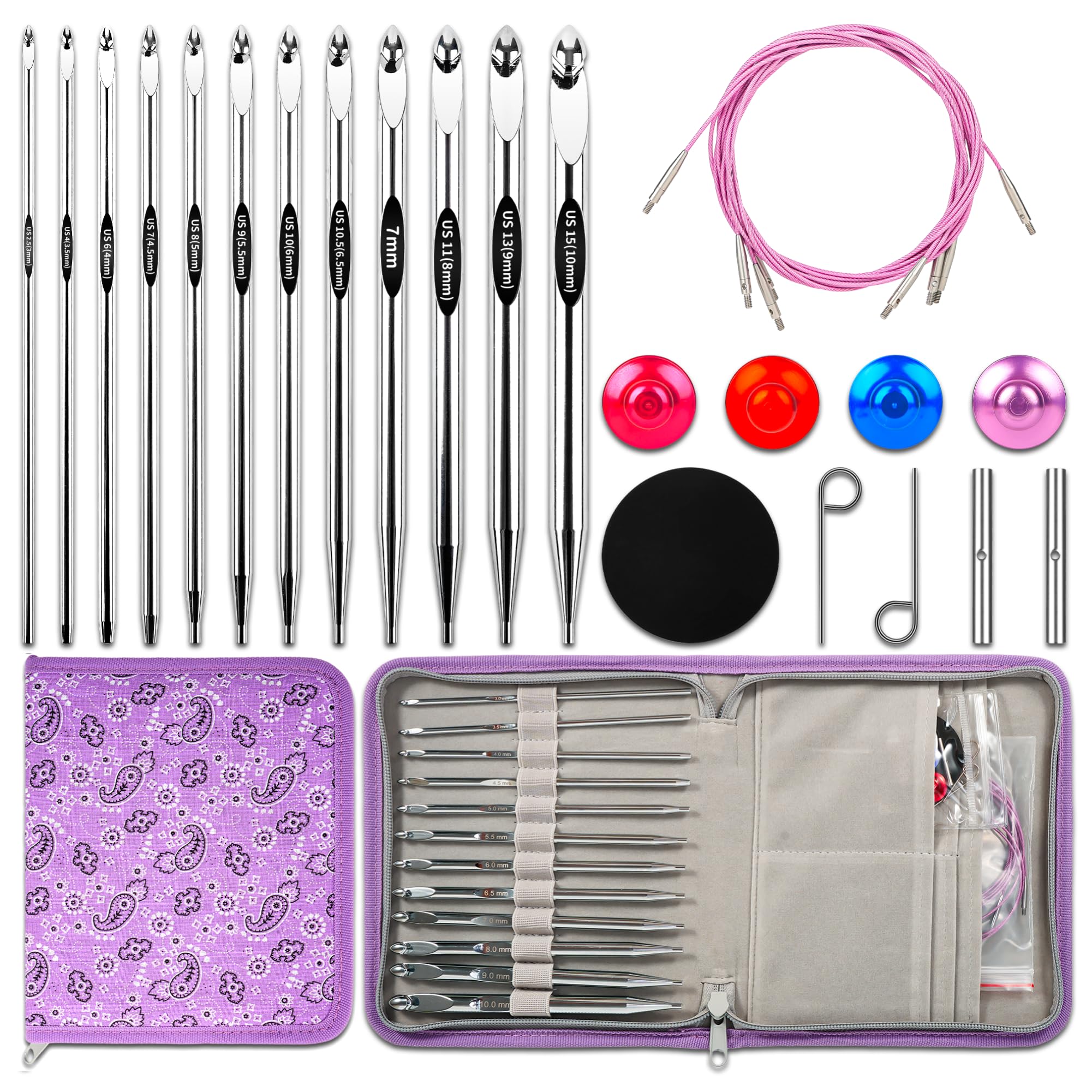 Tunisian Crochet Hooks Set - Tunisian Crochet Hook, Interchangeable Metal Tunisian Crochet Hooks Set with Cable, Tunisian Crochet Hooks, Nickel Plated Aluminum, Ergonomic 3mm-10mm, 26-Piece Set-Purple
