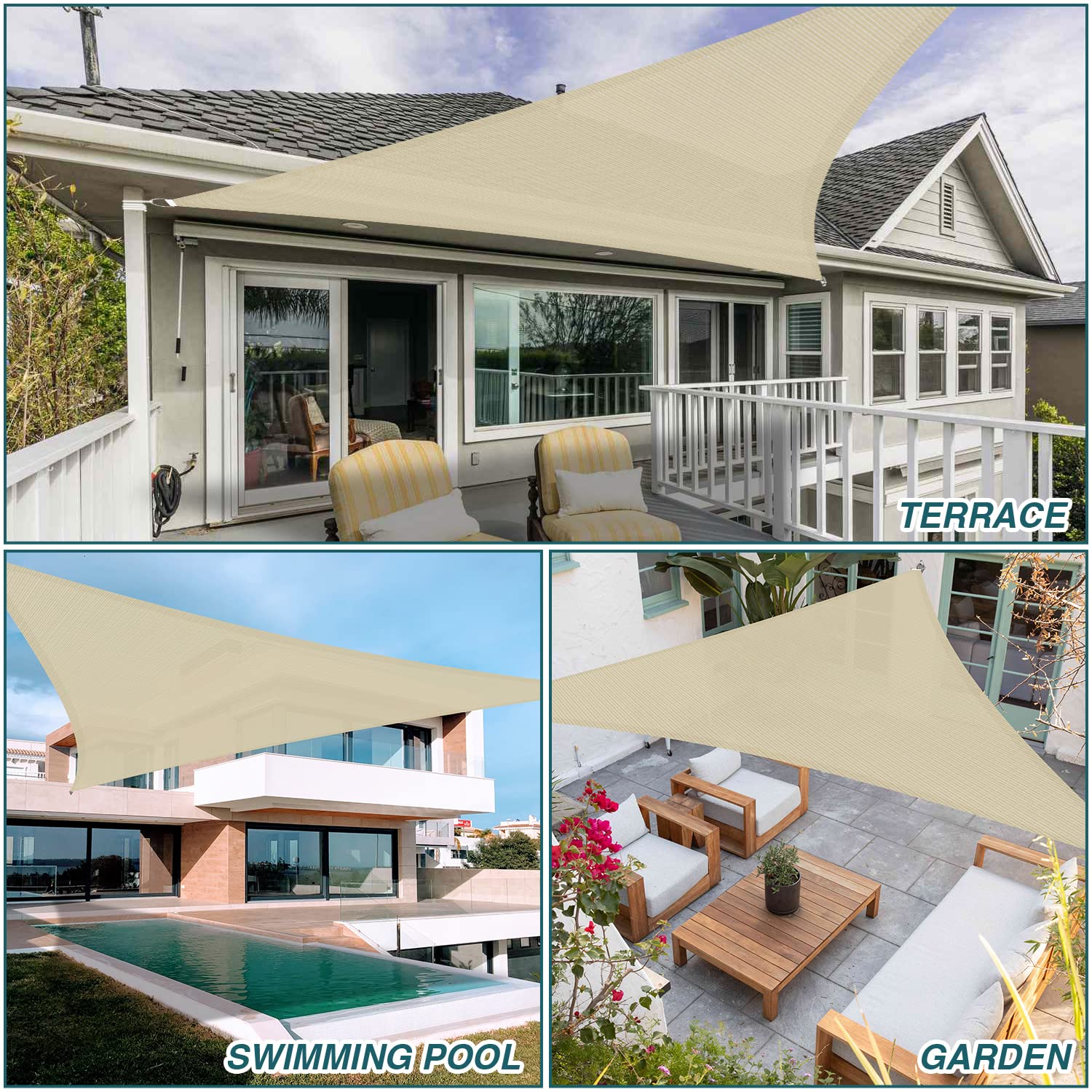 ECOOPTS 23'x23'x23' HDPE Sun Shade Sail Triangle Canopy Shades for Outdoor Patio Pergola Cover Fabric Blockage 95% UV Resistant(Beige)