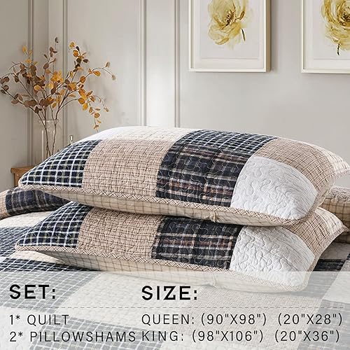 Vista 37 de PERHOM Colcha tamaño Queen – Colcha ligera 100% algodón – Gris marrón, negro y blanco, colcha reversible suave tamaño Queen para juego de cama