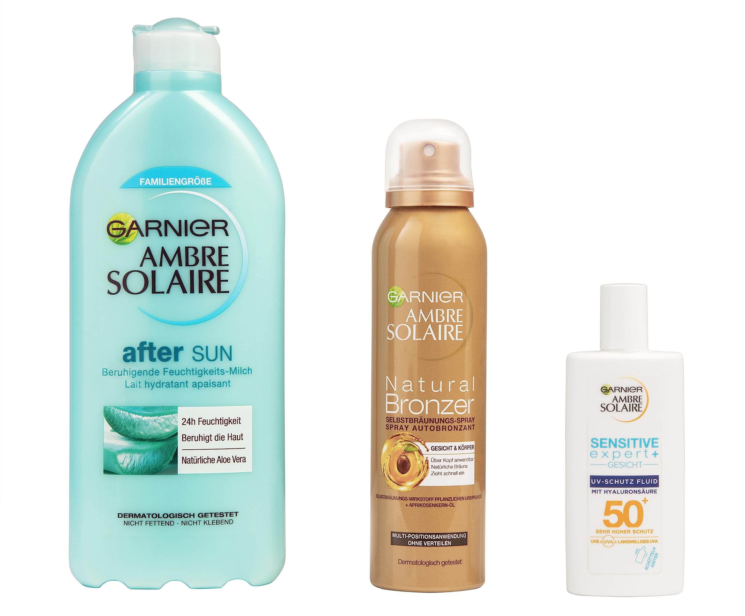 Garnier Zestaw do pielęgnacji opalonej skóry, z kremem przeciwsłonecznym SPF 50+ z kwasem hialuronowym, samoopalacz z olejkiem morelowym i balsamem po opalaniu z aloesem, Ambre Solaire, zestaw 3