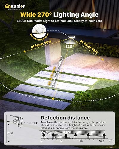 Miniatura 3 de Ensenior Luces para exteriores con sensor de movimiento, 220 LED IP65, luz de seguridad solar impermeable con control remoto, 3 cabezales de luz