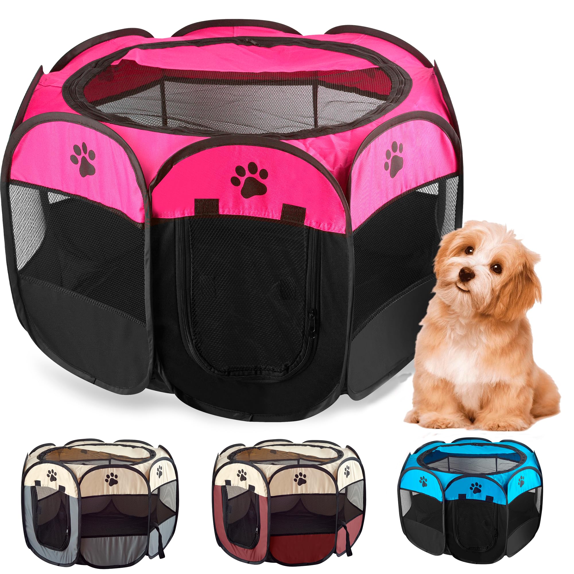 JUPPLIES Parque para Perros Pequeños y Medianos Plegable 73 x 73 x 43cm - Jaula Perro, Gato, Cachorro, Conejo - Corralito para Perros y Mascotas Ideal para Juegos - Rosa