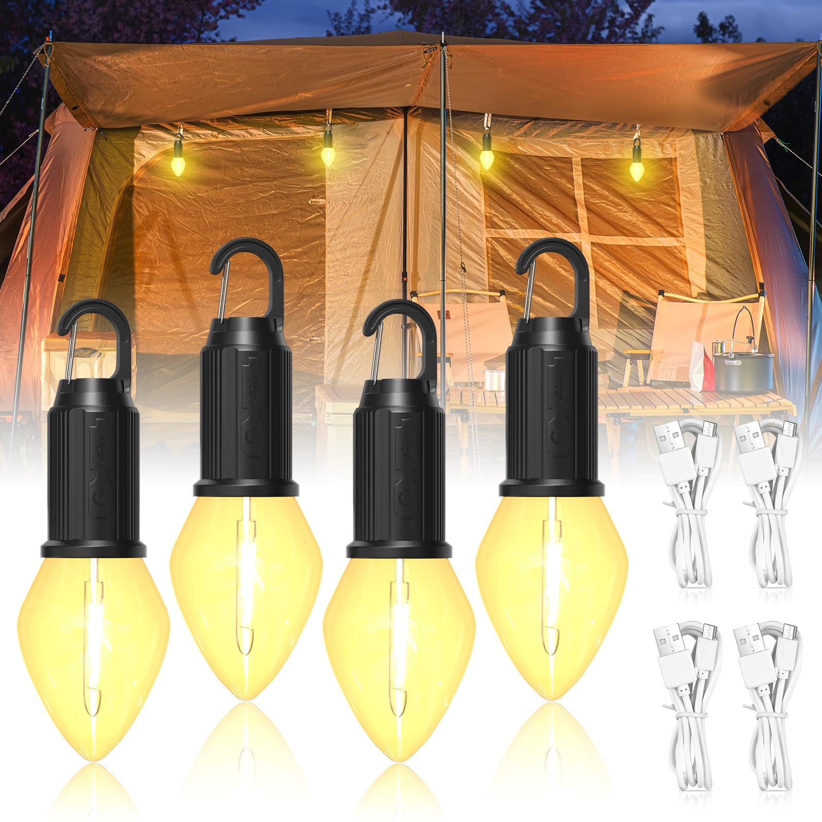 Brightark Warm White Rechargeable Camping Light For Tents, Waterproof Lantern 3 Lighting Modes, Battery Operated Tent Light Camping Lantern For Camping, Hiking, Fishing, Backpacking And Emergency Light, 4-Pack