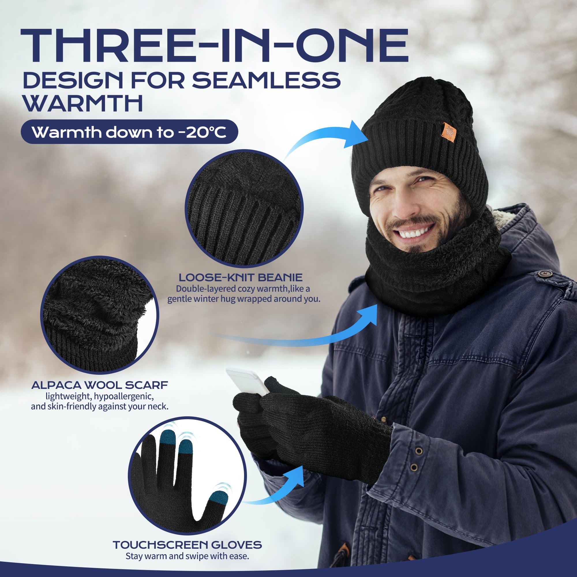 Mütze, Schal & Handschuh-Sets für Damen Herren,Wintermütze Strickmütze Beanie Schlauchschal Winterhandschuhe Touchscreen Handschuhe für Kaltes Wetter 3-in-1 Geschenk Set für den Winter