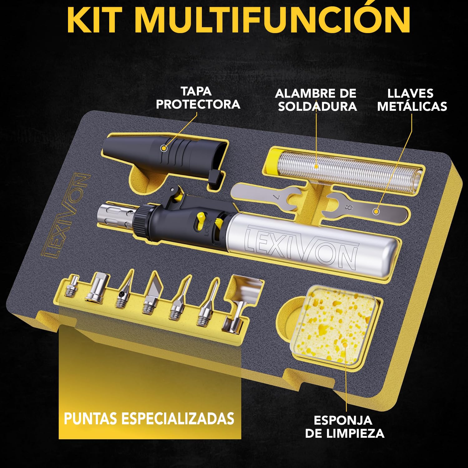 LEXIVON Kit multipropósito soldador de butano | Juego de 7 puntas de llama ajustable con autoencendido inalámbrico | Pro Grade Equivalente (LX-770)