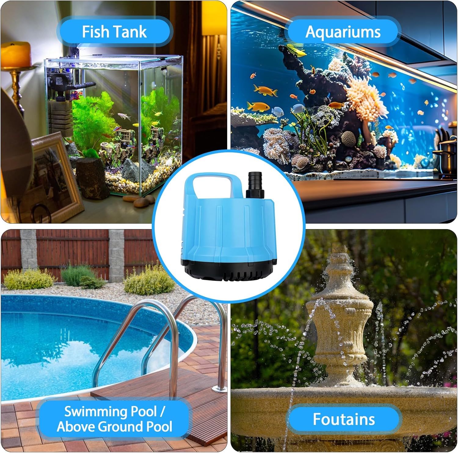 1200 GPH 115W Submersible Water Pump for Large 140-300 Gallon Fish Tank, Pond, Aquarium, Fountain, Pool Draining, Hydroponic System, Water Sump Pump 8.2ft Power Cord US 3-Plug, 3 Outlet Nozzles Blue
