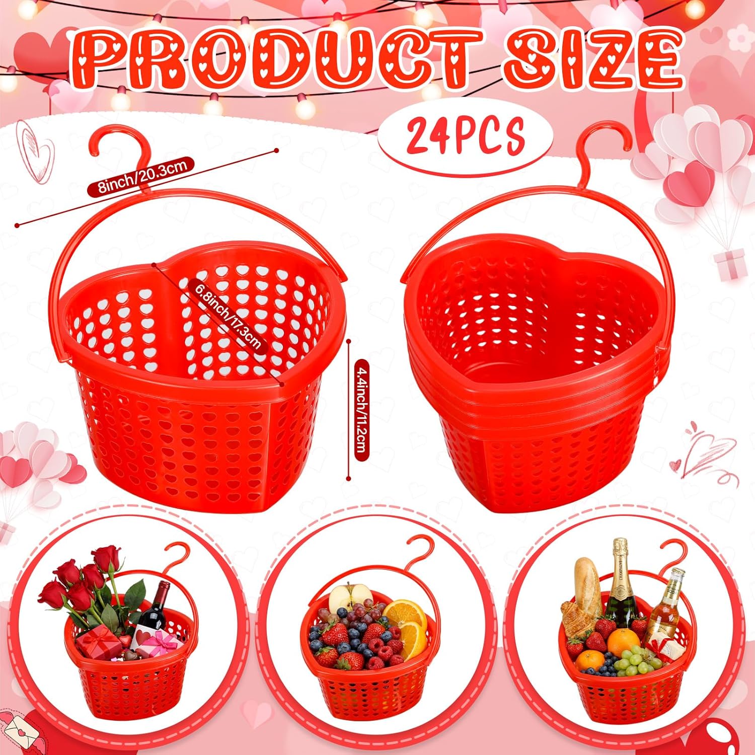 24 Set Valentine's Day Heart Baskets 8"x7"x4" Hollowed Plastic Storage Baskets with Handles for Gift Organizing Home Office Kitchen Birthday Party