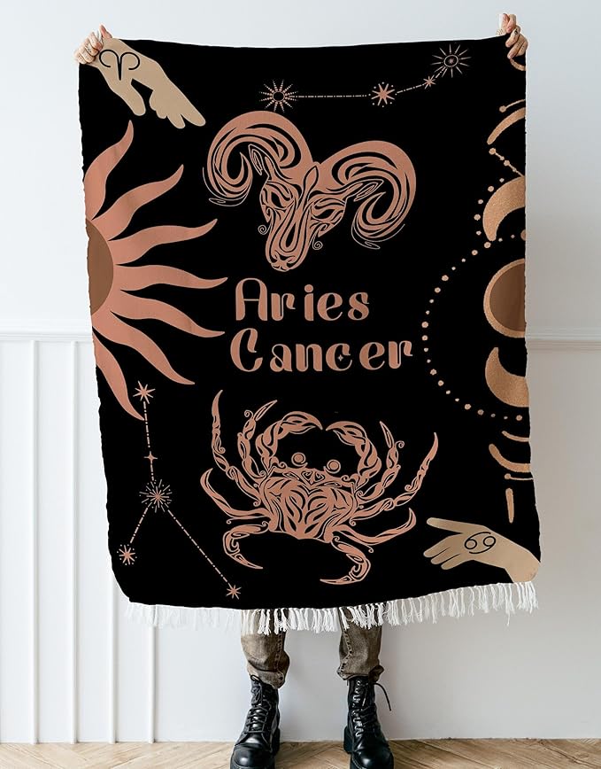 Throw Blanket, 100% Cotton Woven, Zodiac Compatibility Sign, Astrology Decor Woven Tapestry, Aries Cancer Horoscope Match 2-Inch Fringe Detail, Vintage Aesthetic Multiple Sizes 52 x 37