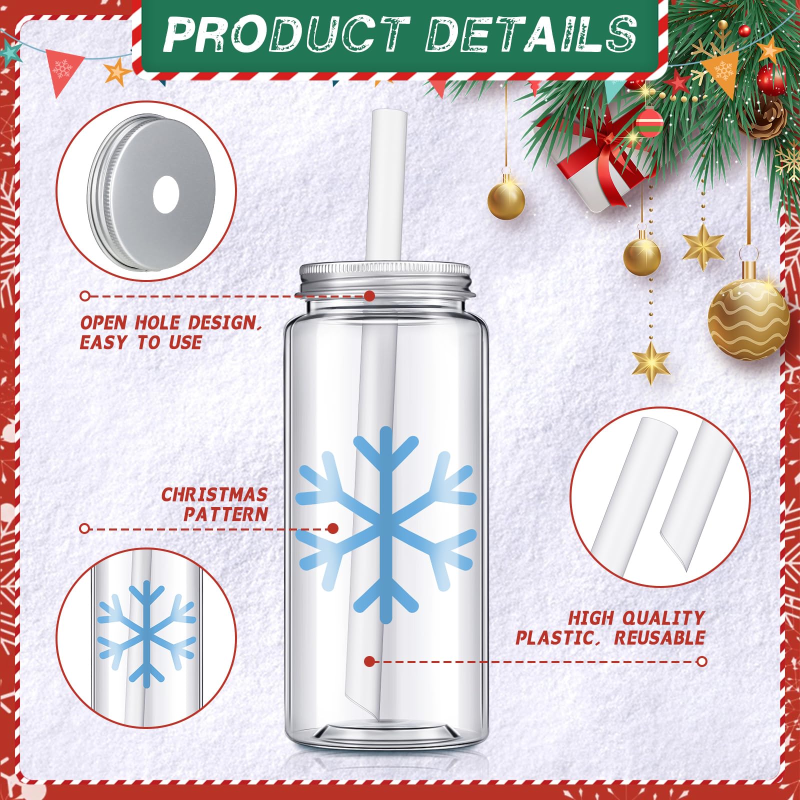 Layhit 20 Stück Weihnachtsbecher mit Deckel und Strohhalmen, 383 ml, wiederverwendbare Kunststoff-Trinkbecher, Reisebecher, Kunststoffbecher, Weihnachtsbecher, Weihnachtsbecher für Kinder und
