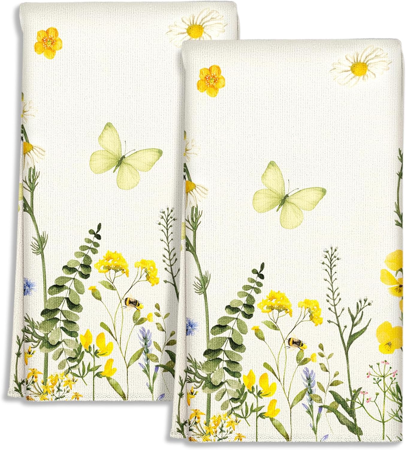 Miss Adola Cute Kitchen Towels Set of 2 - Dish Towels 18 x 26 Inch Microfiber Tea Towel for Home Decorative Butterfly Flower Spring Farmhouse Soft Reusable & Absorbent Aesthetic Vintage Design
