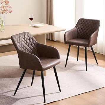 CLIPOP Dining Chairs Set of 2 Kitchen Chairs with Arms and Metal Legs, Upholstered Armchairs for Living Room Dining Room Lounge, Faux Leather, Brown