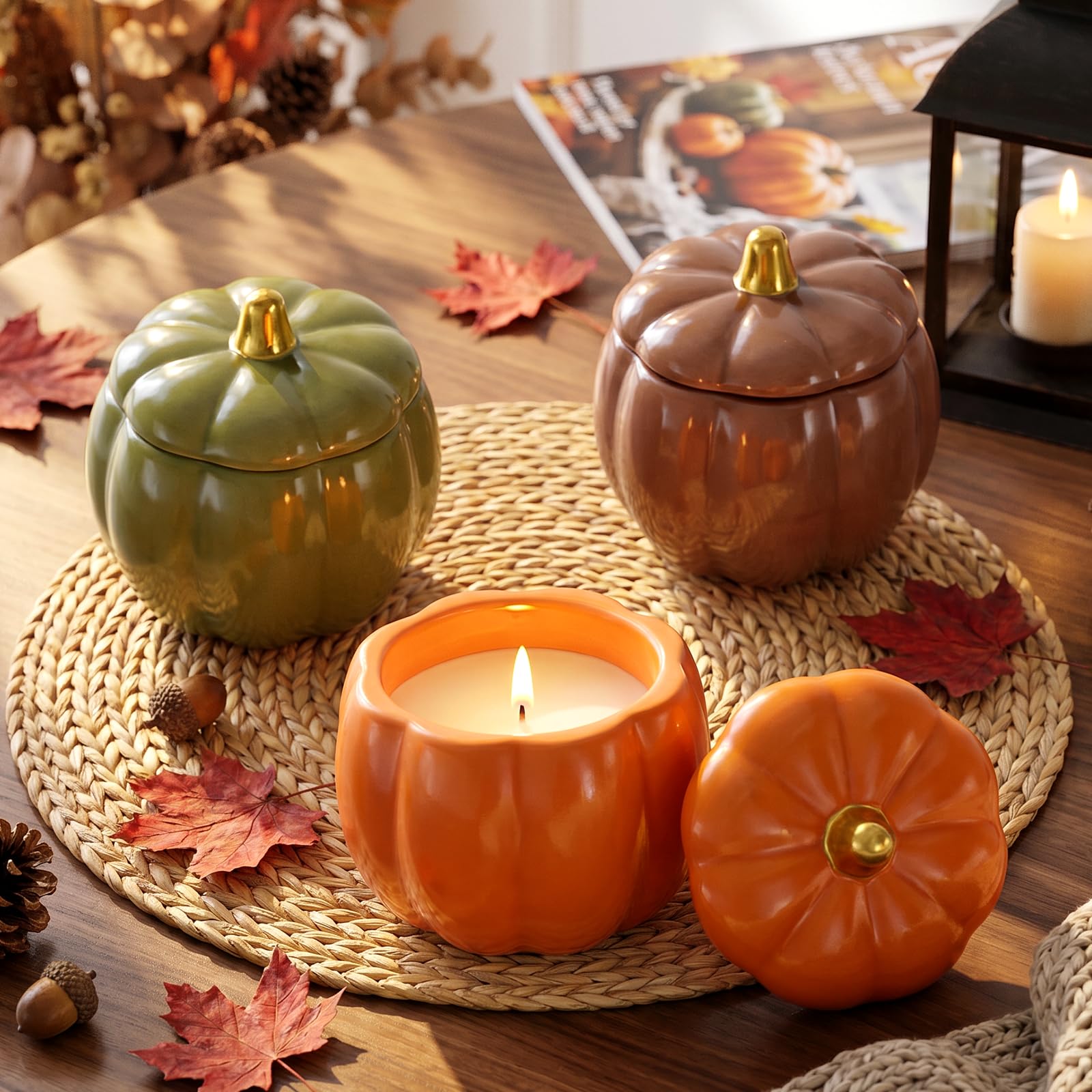Everloria 3 Stk Herbst Kürbis Kerzen Keramik Set, Herbst Duftkerze Kürbiskerzen Geschenk, Je 135g Soja Wachs