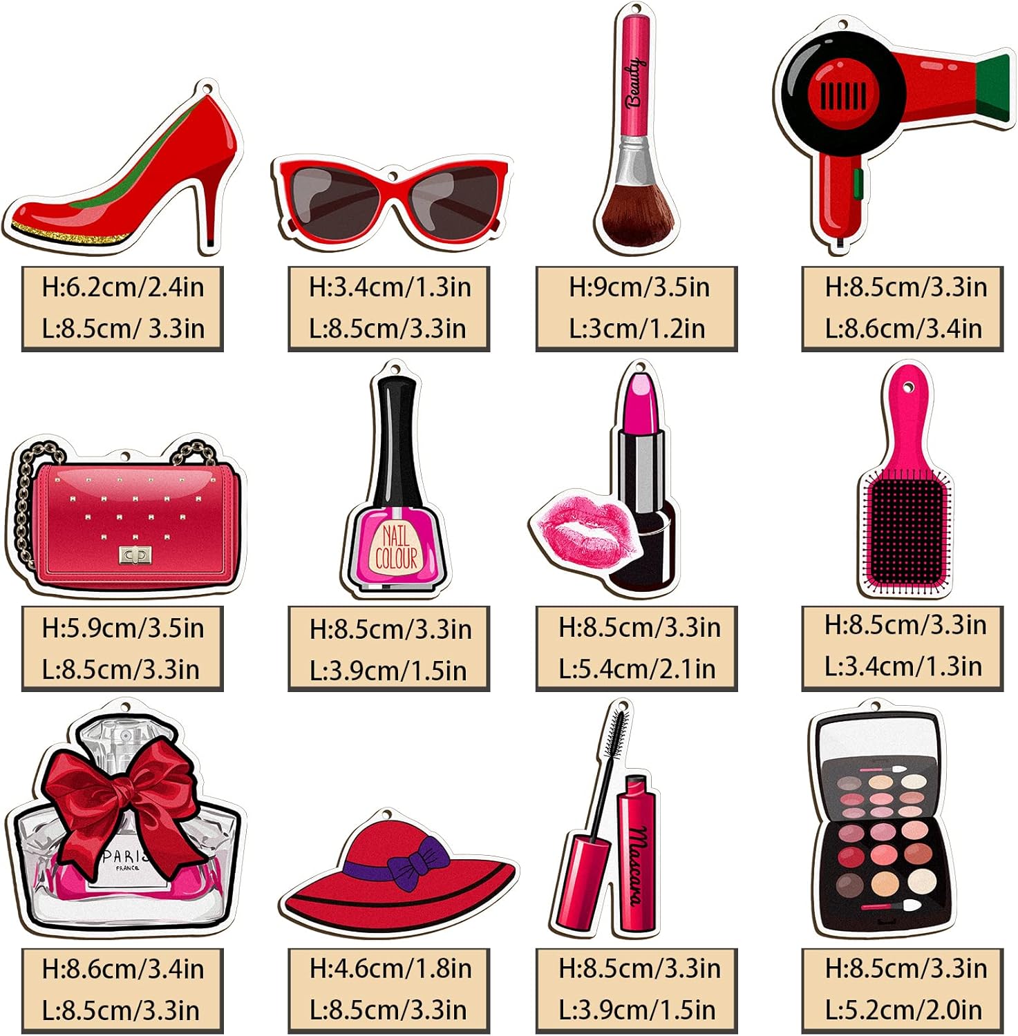 Blulu 12 Pieces Christmas Makeup Ornaments Wooden High Heels and Lipsticks Hair Salon Ornament for Christmas Tree Hanging Decor (Beauty Style)