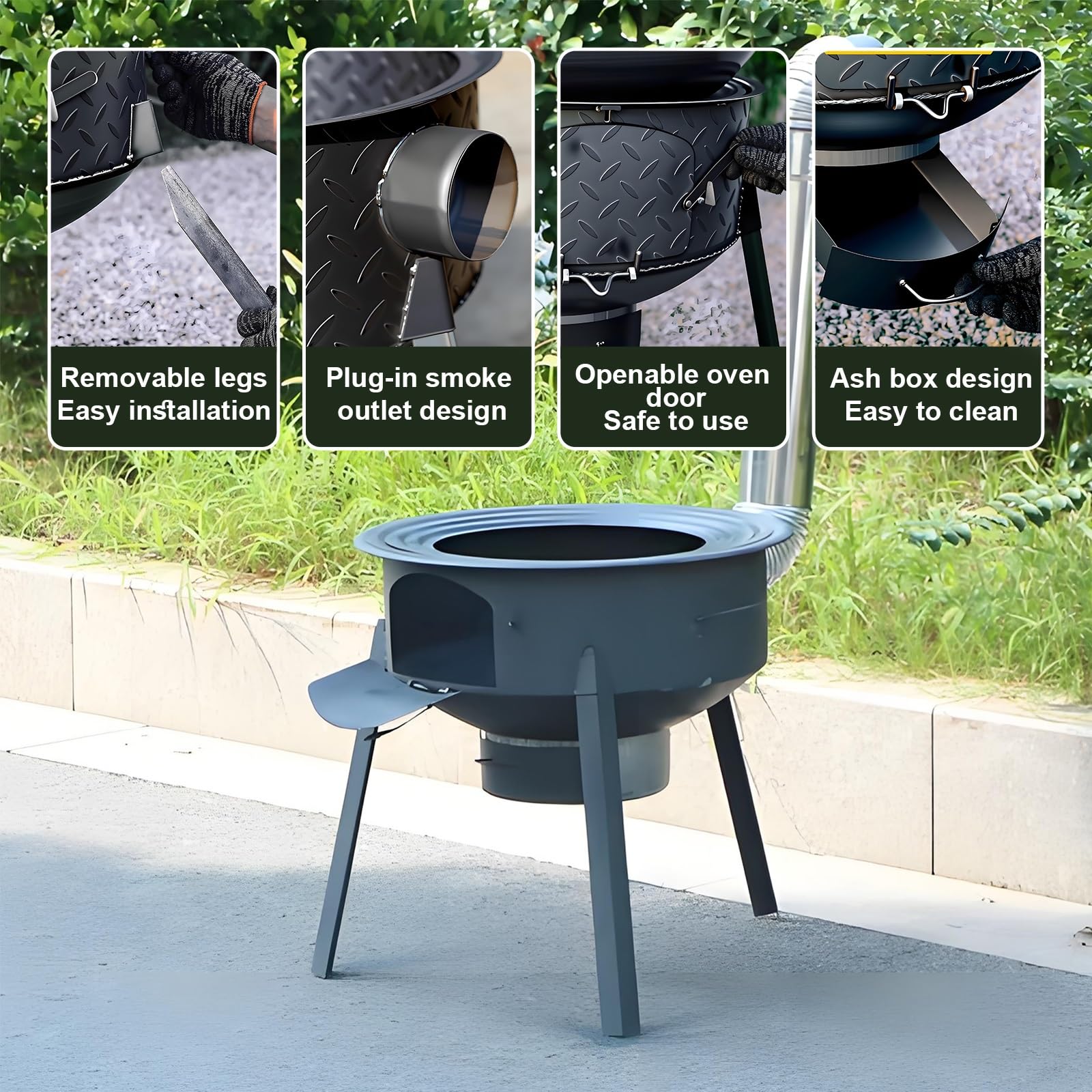 Estufa de Leña de Hierro Fundido Interior y Exterior Estufas de Camping Portátil de Acero Grueso con Patas de 70cm, Estufa Calefactora Multifunción(35cm)
