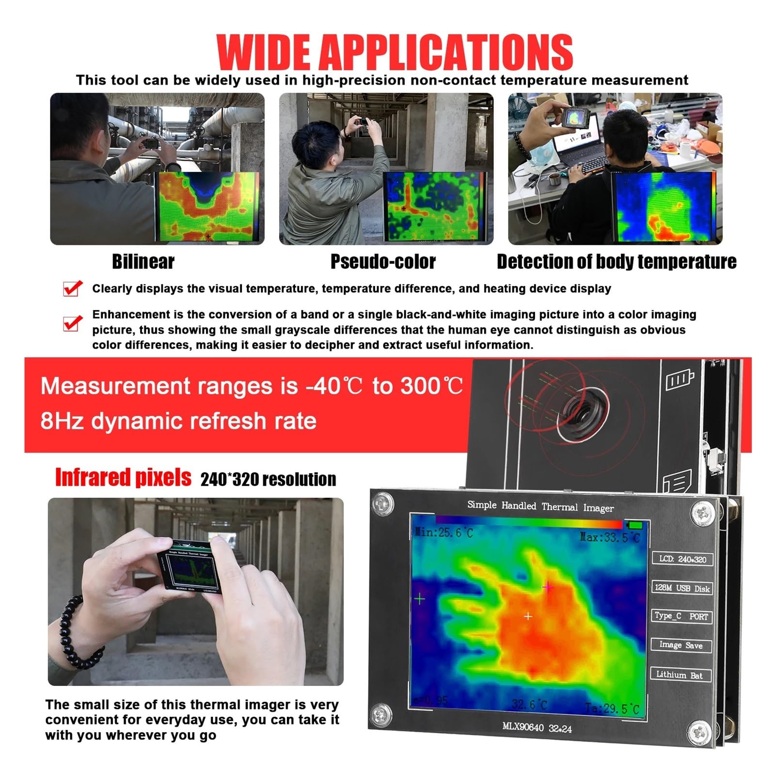 Cámara termográfica de -40 ℃ a 300 ℃ Cámara de imagen térmica pequeña de 2,8 pulgadas compatible con medición de temperatura central mínima máxima Para detección de calefacción interior y de suelo