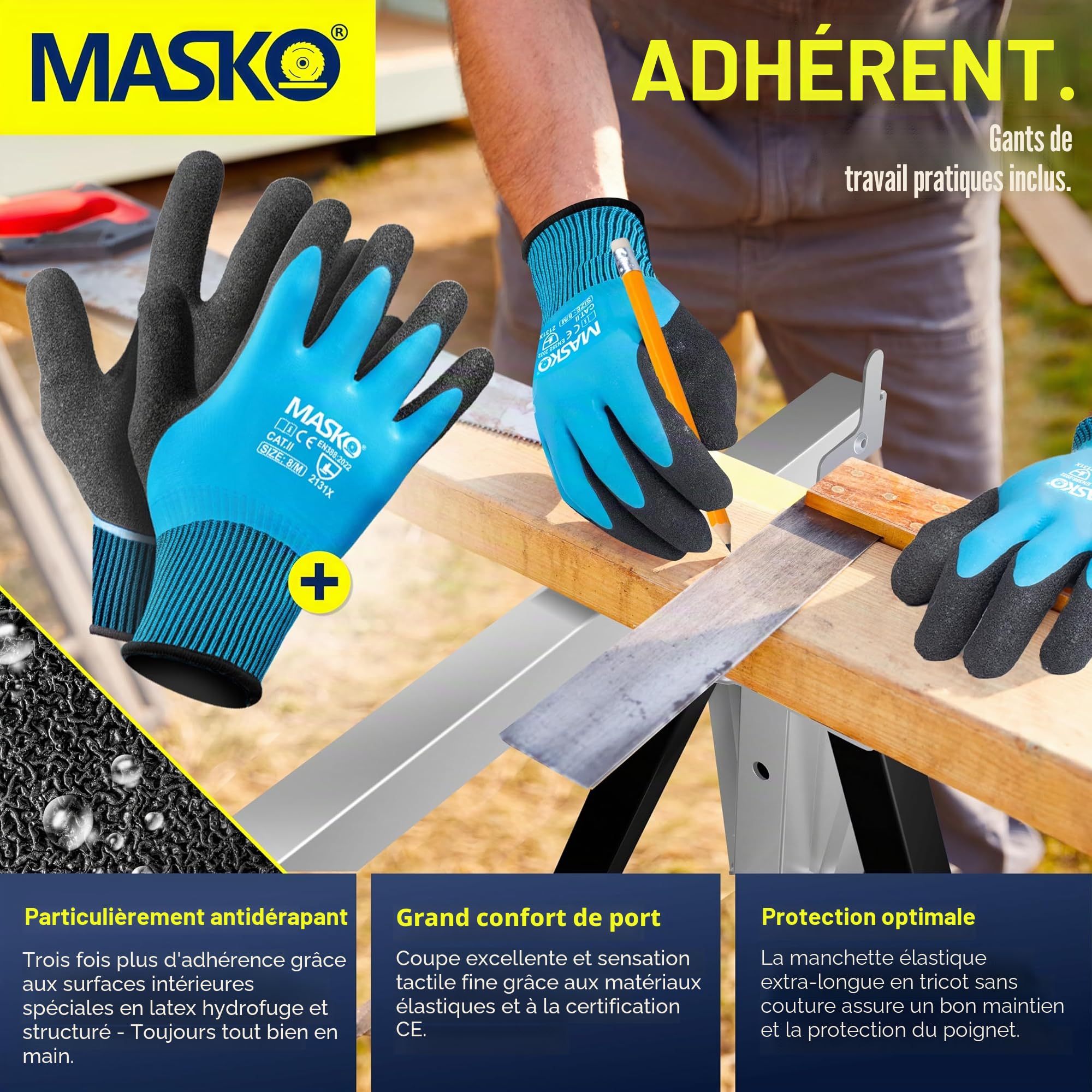 MASKO® Lot de 4 tréteaux de travail télescopiques - Charge maximale : 200 kg - Hauteur de travail min/max : 800-1300 mm - Avec gants - Noir