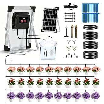 Solar Watering System for 30 Potted Plants, 5W Auto Watering Kit, Solar Irrigation System with Water Timer, with Anti-Siphoning Device, 30m Hose for Garden Plant Greenhouse Balcony Vegetables shrub