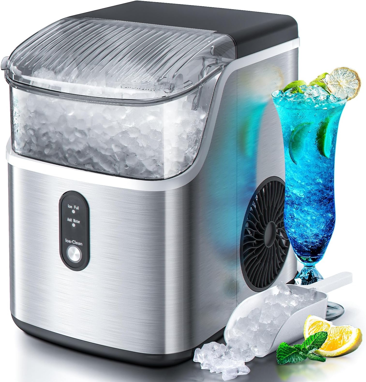 Nugget Countertop Ice Maker with Soft Chewable Pellet Ice, Pebble Portable Ice Machine, 34Lbs/24H, Self-Cleaning, Sonic Ice Maker, One Button Operation, for Kitchen,Office Stainless Steel Silver