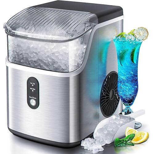 Nugget Countertop Ice Maker with Soft Chewable Pellet Ice, Pebble Portable Ice Machine, 34Lbs/24H, Self-Cleaning, Sonic Ice Maker, One Button Operation, for Kitchen,Office Stainless Steel Silver