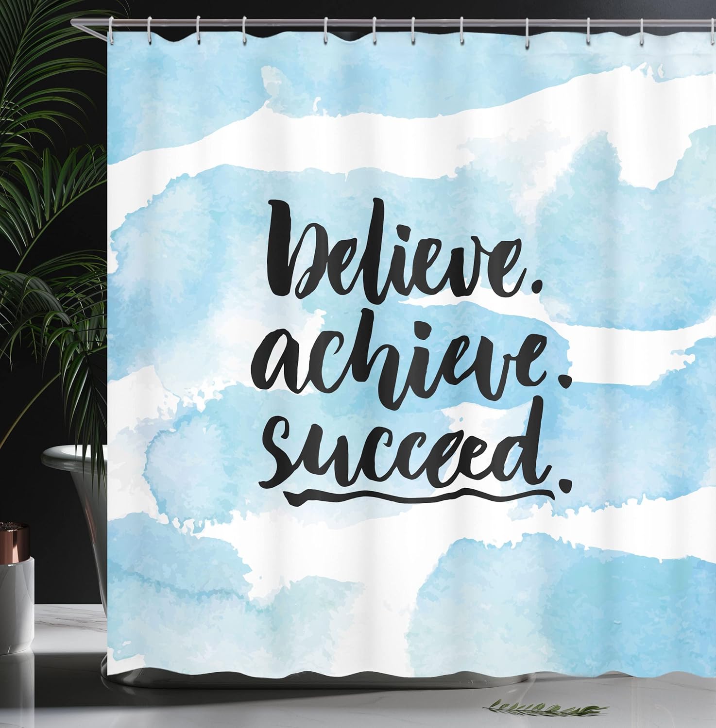 Ambesonne Inspirational Saying Shower Curtain, Believe Achieve Succeed Positive Challenging Saying Brush Lettering, Cloth Fabric Bathroom Decor Set with Hooks, 69" W x 75" L, Blue