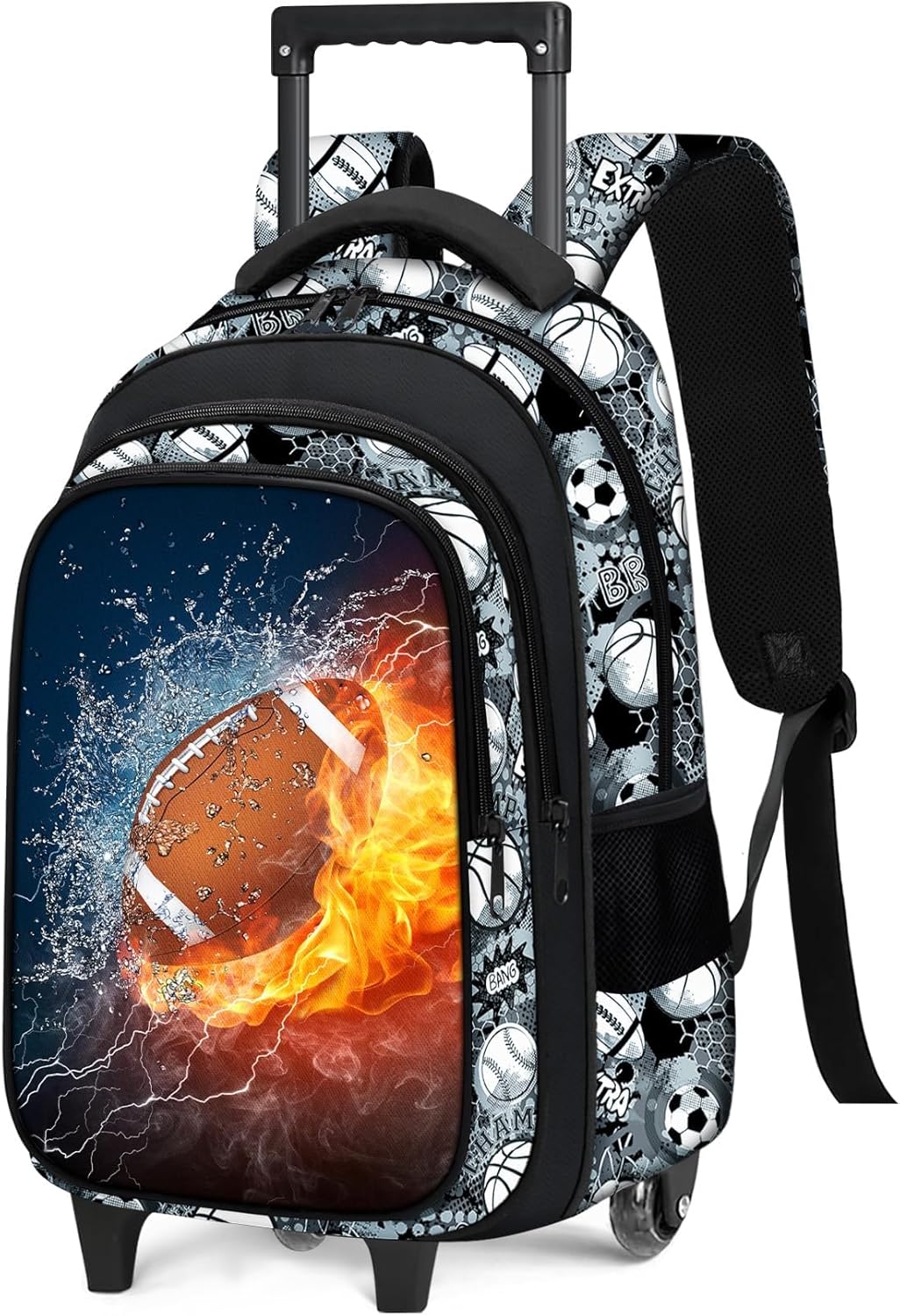 Boys Rolling Backpack for Kids - American Football Kids Rolling Backpack with Wheels for Elementary Middle School Students - Roller School Bookbag Aged 6-18, Wheeled Travel Bag Large Capacity