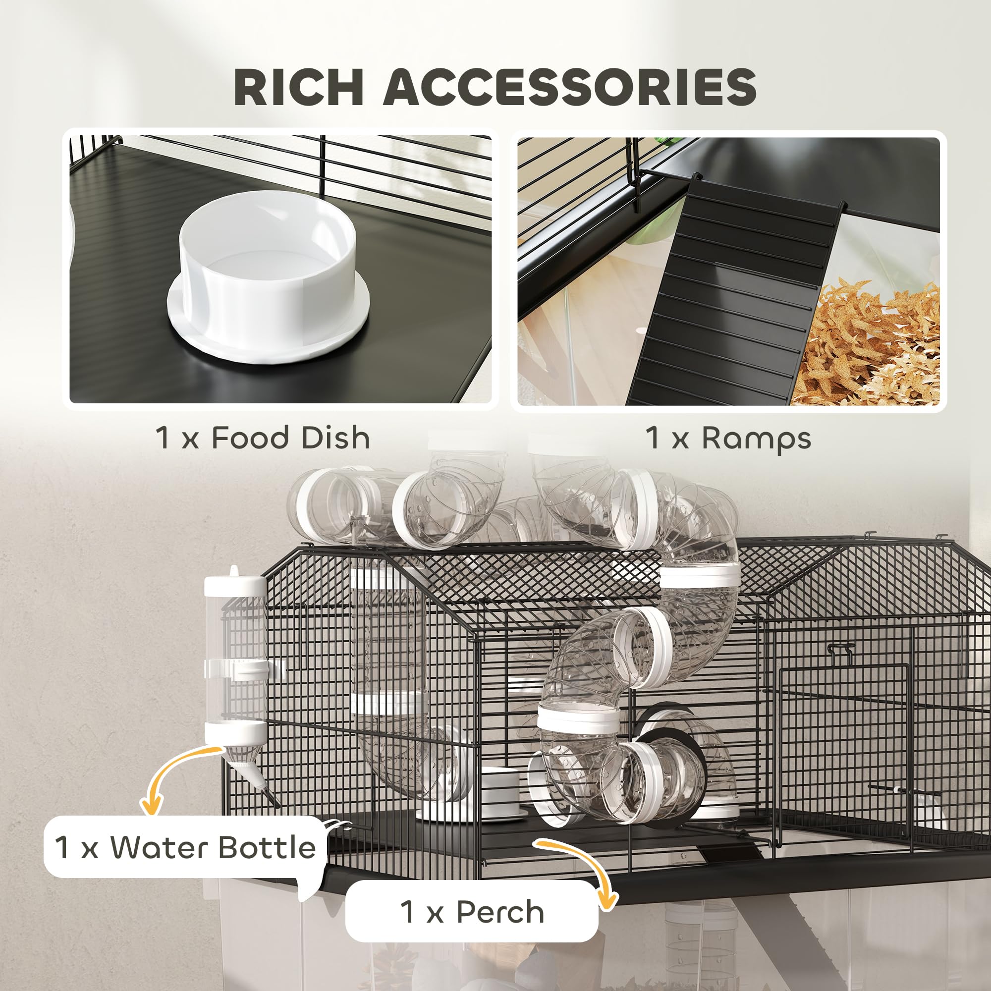 PawHut Large Hamster Cage with 12" Deep Tray, 2 Tier Gerbil Cage with Tube System, Water Bottle, Ramp, Feeding Bowl, 23" x 17" x 22", Black