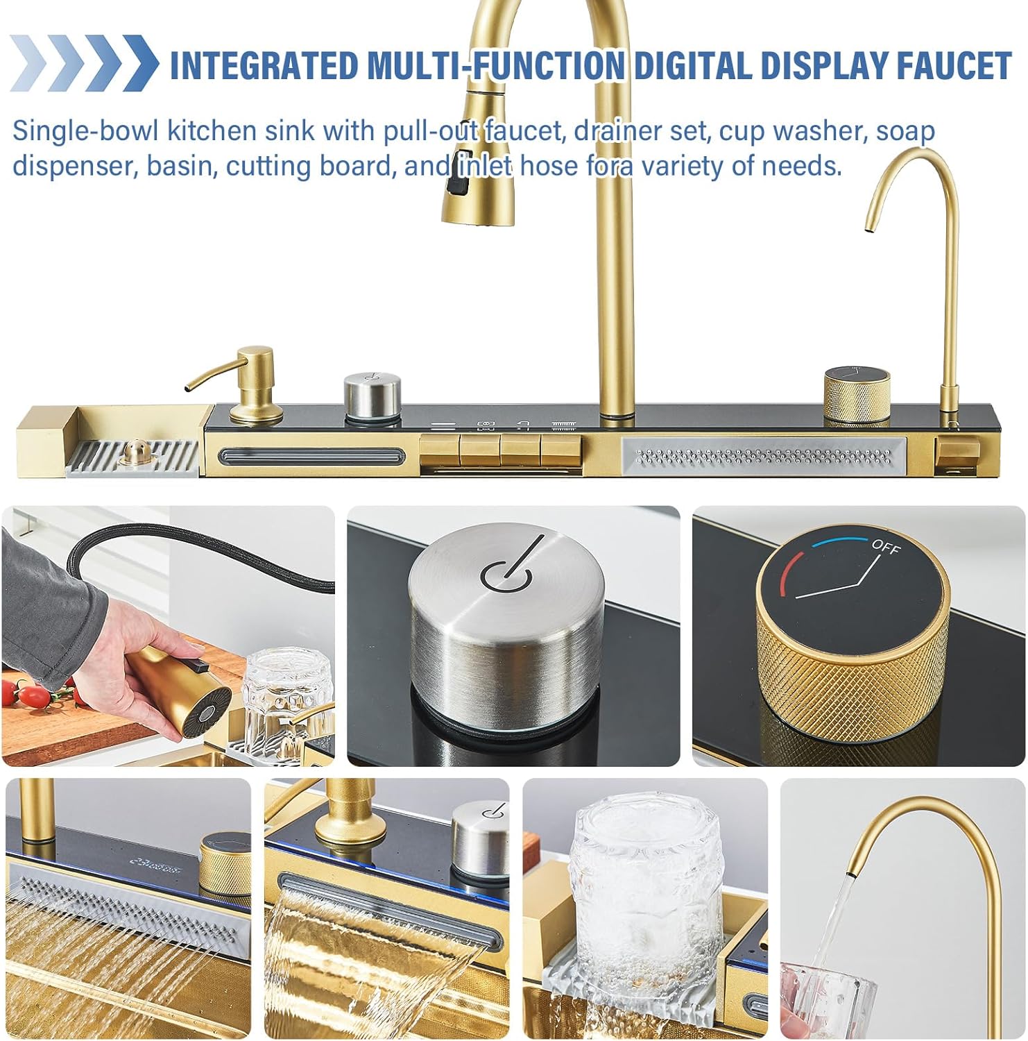 Deluxe Smart Waterfall Kitchen Sink Digital Display Single Bowl Stainless Steel Kitchen Sink Modern Multifunctional Farmhouse Sink With Pull-out Faucet (Brushed Gold, 29.6 * 17.7in)