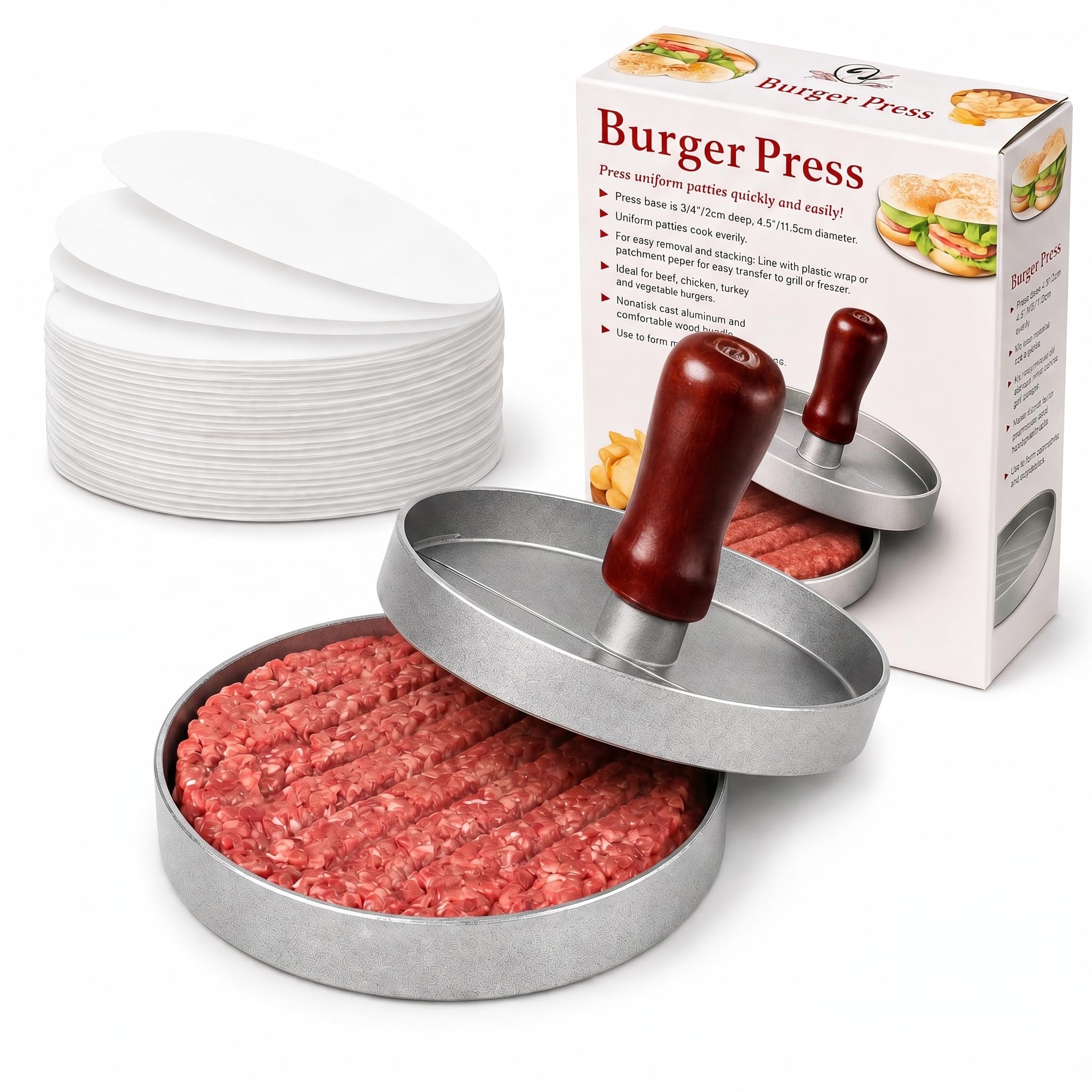 Kyto Presse à Burger Presse à Galette Moule à Hamburger avec 50 Feuilles de Papier sulfurisé Aluminium Patty Maker Accessoires BBQ Grill