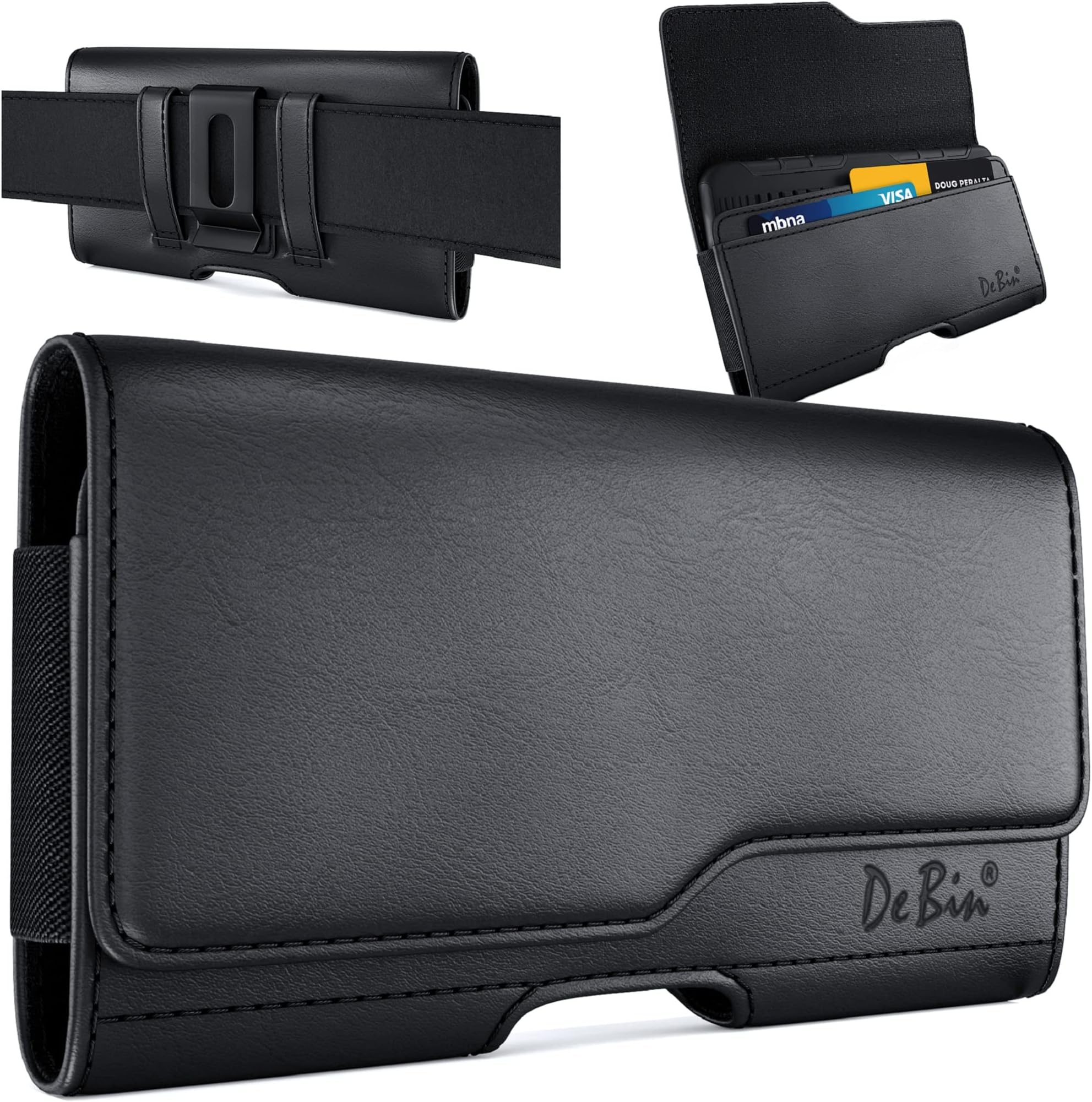 Cell Phone Belt Case Compatible with Samsung Galaxy Ultra Models (S25 S24 S23 S22 S21), A54/A53/A25/A15, Premium Leather, Magnetic Flap Holster & ID Card Pouch Holder, Black
