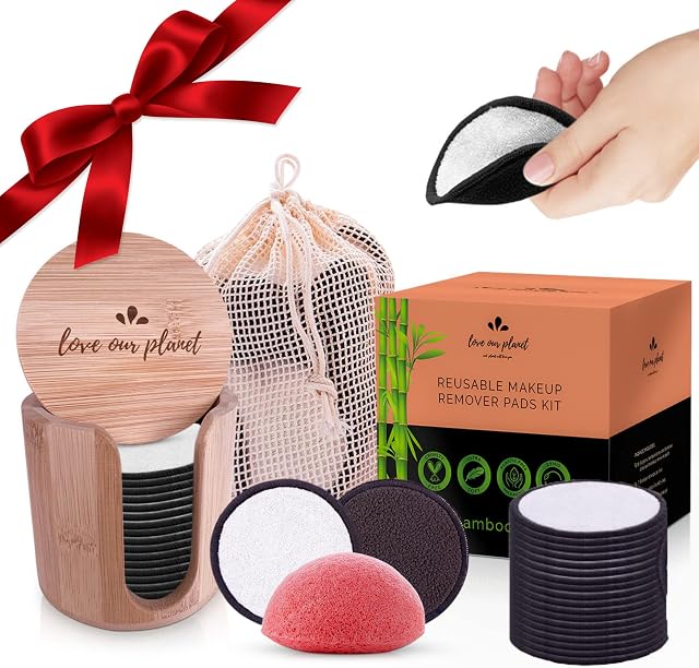 Love Our Planet Reusable Makeup Remover Pads I 18 Reusable Cotton Bamboo Pads I Reusable Make Up Pads, Face Eye Remover Pads, Washable, Eco Friendly Products, Holder Box, Gift, Natural Konjac Sponge