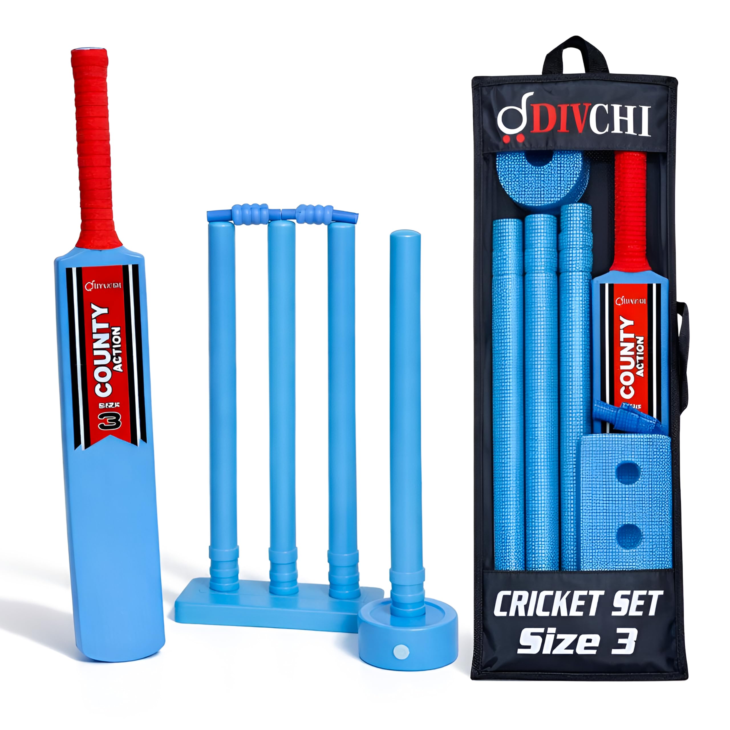 DIVCHI Kinder-Cricket-Set Größe 3 – Komplettes Kinder Set mit Kunststoffschläger Wickets Ballständer und -Tasche Ideal für Cricket-Spiele im Freien im Garten oder auf der Straße für Jungen und Mädchen