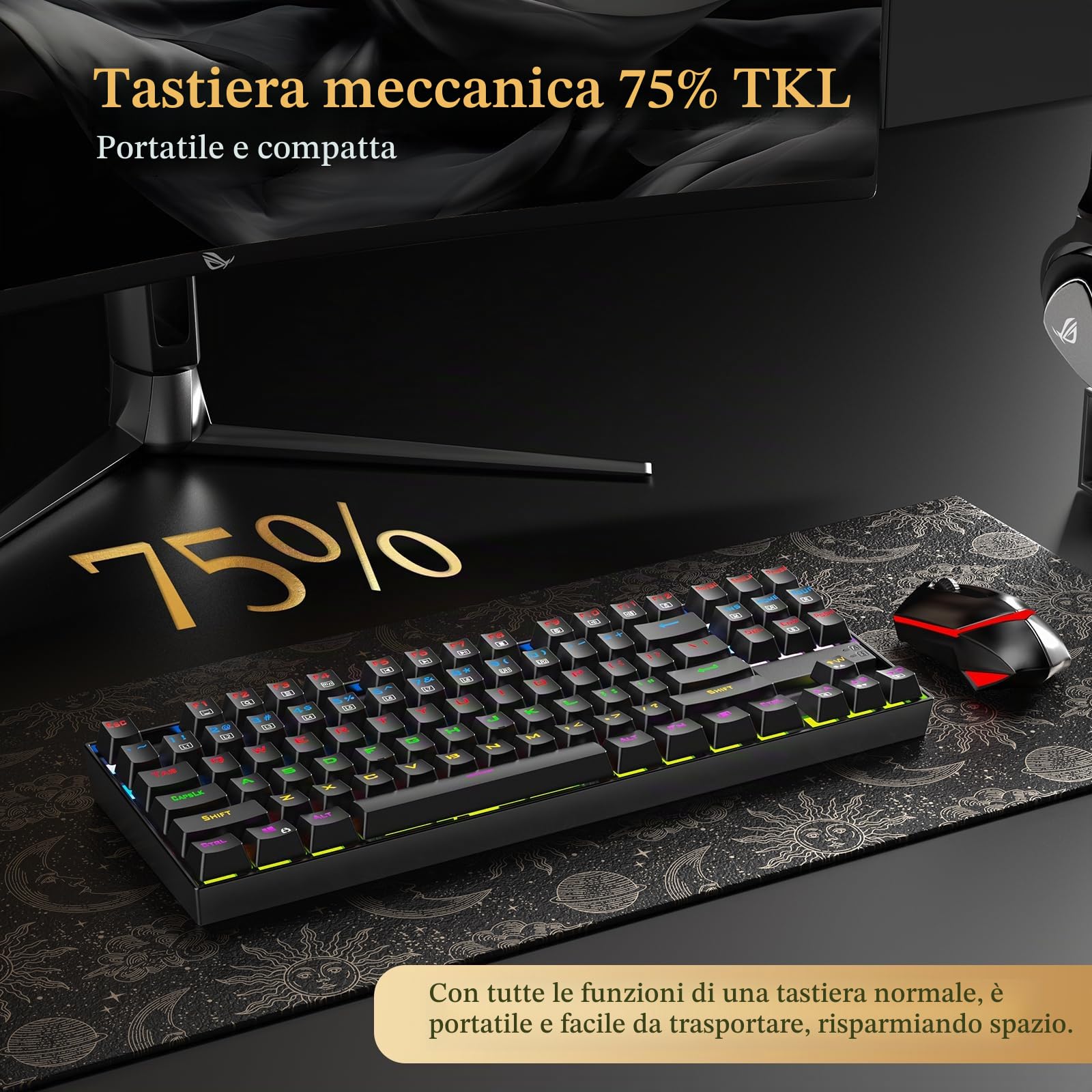 Redragon K552 Tastiera da gioco RGB 87 tasti meccanica RGB retroilluminata a LED arcobaleno Tastiera per computer senza chiave Design compatto Interruttori blu per giochi su PC Windows (layout QWERTY)