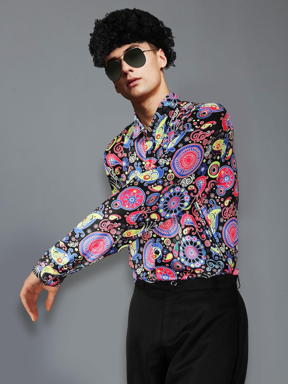 Mepase 6 Pcs Men 70s Disco Costumes Include Retro Shirt Bell Bottom Pants Wig Sunglasses Necklace Wig Cap for Disco Party - Image 5