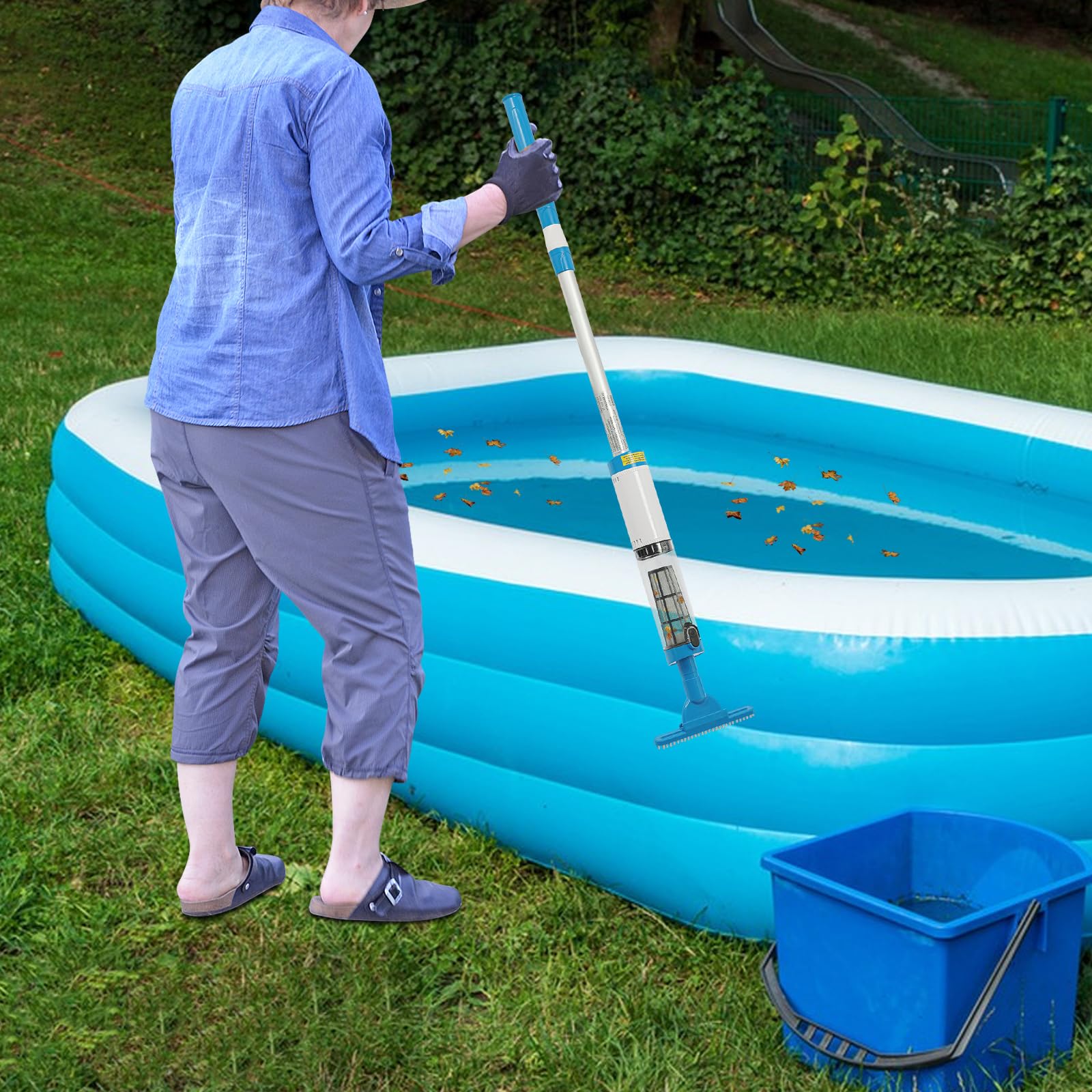 Aspirateur de piscine sans fil, nettoyeur de piscine avec tête de brosse triangulaire, longueur du manche de 1,6 m, réglable, nettoyeur de piscine avec filtre et autonomie de 120 min, kit