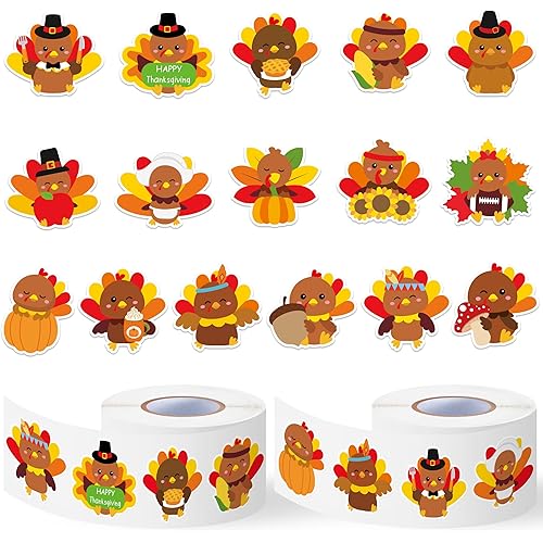 Haooryx Thanksgiving Turkey Sticker Roll - 1000Pcs (2 Rolls) Lovely Turkey Cartoon Sticker, 16 Different Action Designs, Waterproof Self-Adhesive, for Festive Decoration Gift Wrapping for All Ages DIY