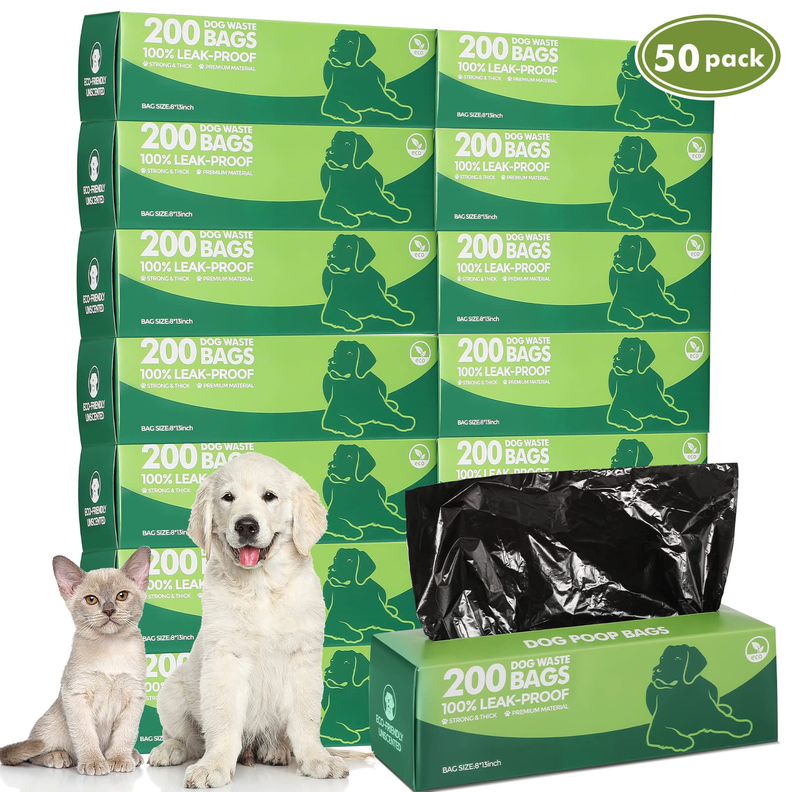 50 rotoli di sacchetti per rifiuti per cani, 10000 sacchetti per rifiuti per cani, a prova di perdite, sacchetti per rifiuti per cani, sacchetti neri per rifiuti per cani, sacchetti di plastica spessa