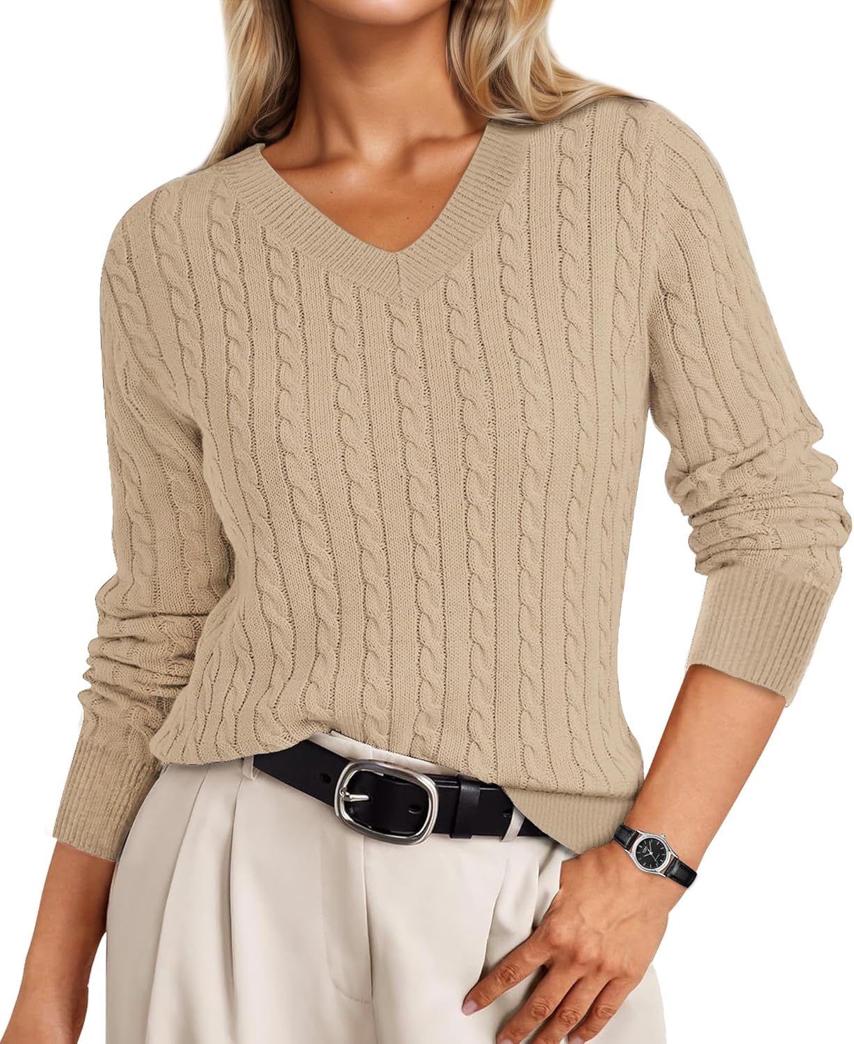 Cable Knit Sweater Women V Neck Tops for Women Long Sleeve Pullover Clothes Casual ...