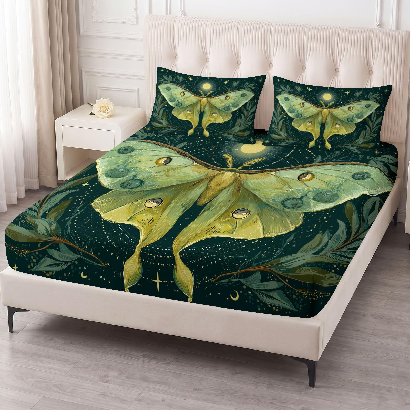 Moth Moon - Lenzuolo con angoli, per letto super king size, 180 x 200 cm, fantasia fantasy, con tasca profonda 30,5 cm, facile da pulire, morbida microfibra spazzolata, resistente al restringimento e