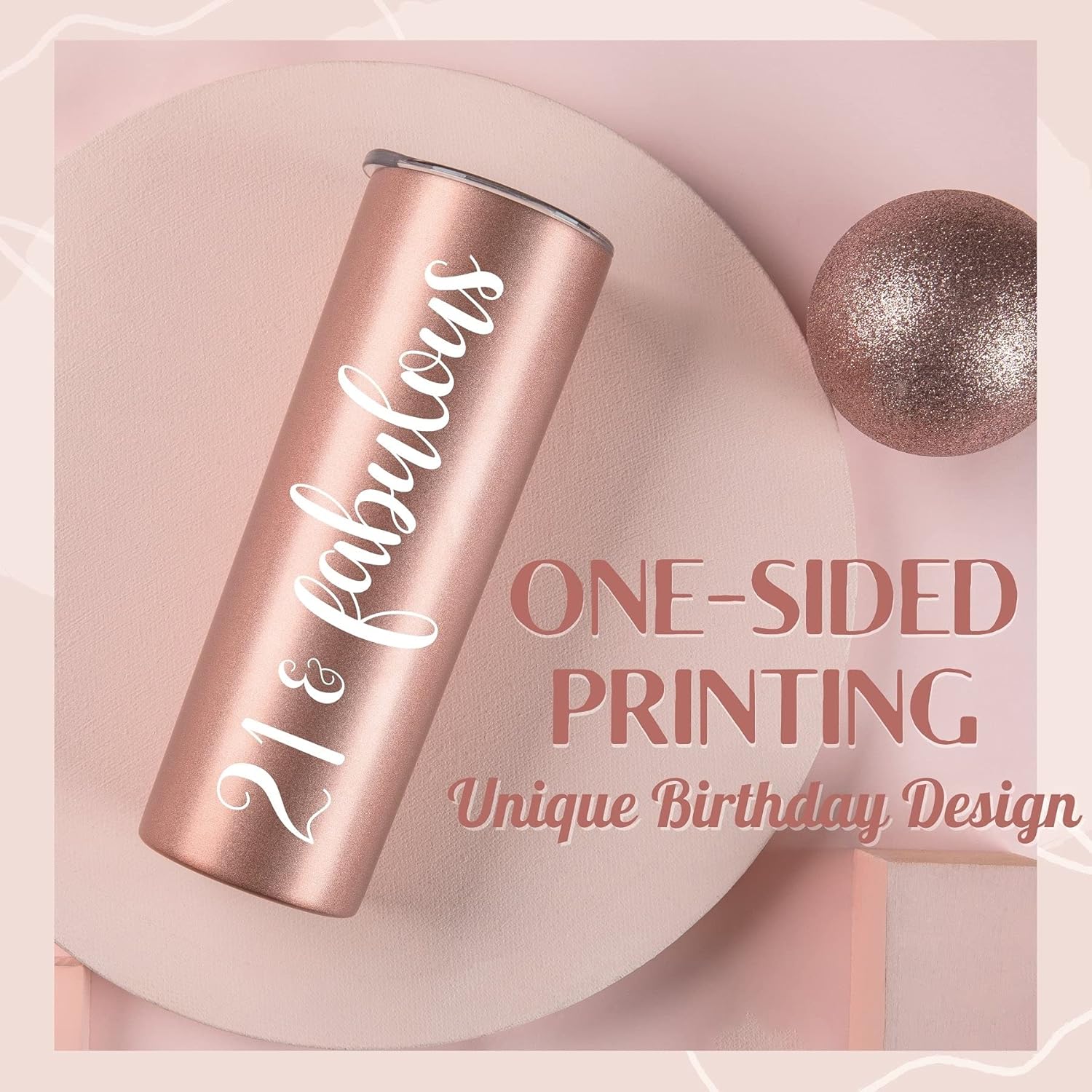 Onebttl 21st Birthday Gifts for Women, Girl, Her - 21 and Fabulous -20oz/590ml Stainless Steel Insulated Tumbler with Straw, Lid, Message Card - (Rose Gold) - Image 2