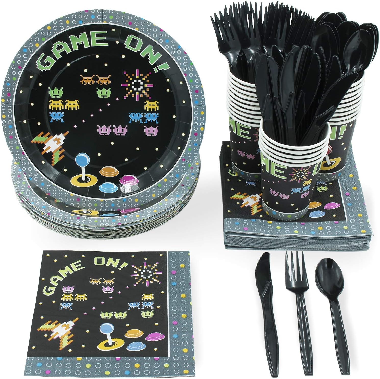 Juvale Video Game Party Bundle, Includes Plates, Napkins, Cups, and Cutlery (24 Guests,144 Pieces)