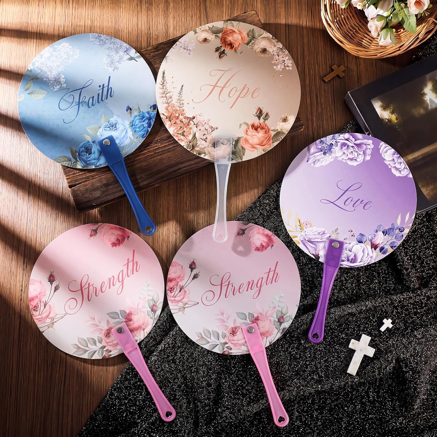 CroBlissful 48 Pcs Christian Church Fans Bulk Blessed Church Plastic Religious Hand Held Fans Bulk Religious Gifts for Women Men (Stylish)