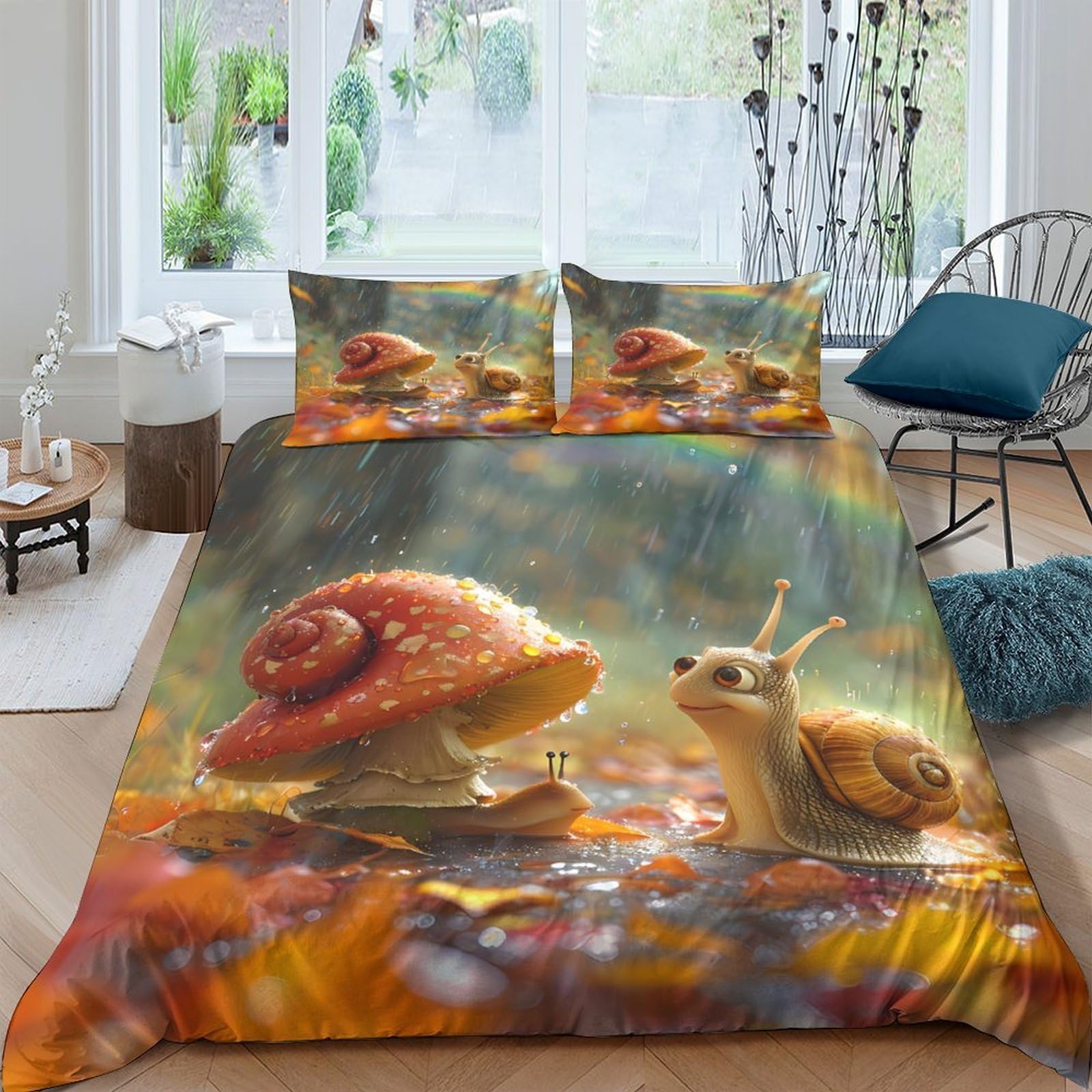 GPLZQXKJNH 3D Printed Mushroom Snail Duvet Cover Microfiber Soft Autumn Forest Bedding Set with 2 Pillowcases for Bedroom Decor Single（135x200cm）