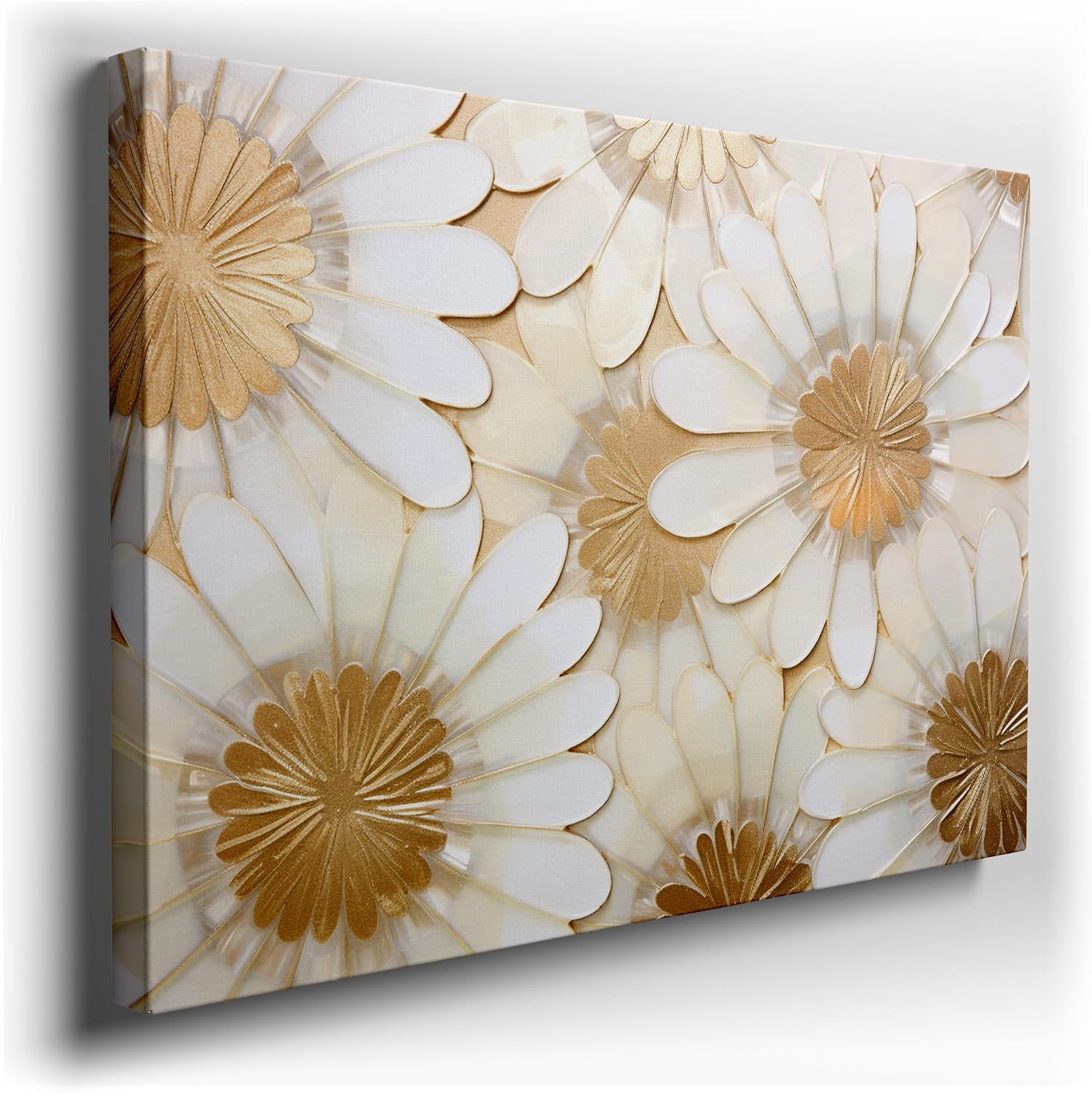 Canvas for Living room. Elegance in Bloom: A Modern Twist on Floral Patterns with White and Gold Splendor, 27 x 18 inch Canvas Wall Art - Ready to Hang - 69x46 cm (27x18 inch)