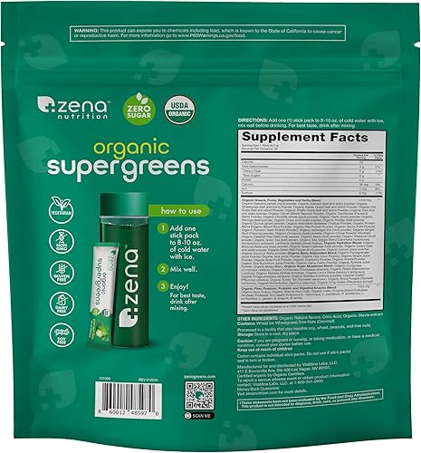 Miniatura 8 de Zena Nutrition Polvo orgánico Super Greens, más de 70 superalimentos, 0 azúcar, 0.11 onzas de fibra, espirulina, clorella, champiñones,