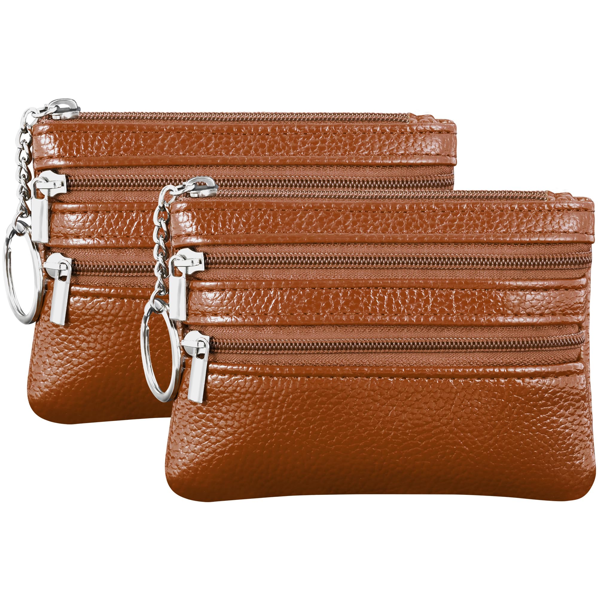 Chelmon 2 Pack Coin Purse Pouch Change Card Holder Wallet with Keychain for Women and Men (Brown &amp; Brown)
