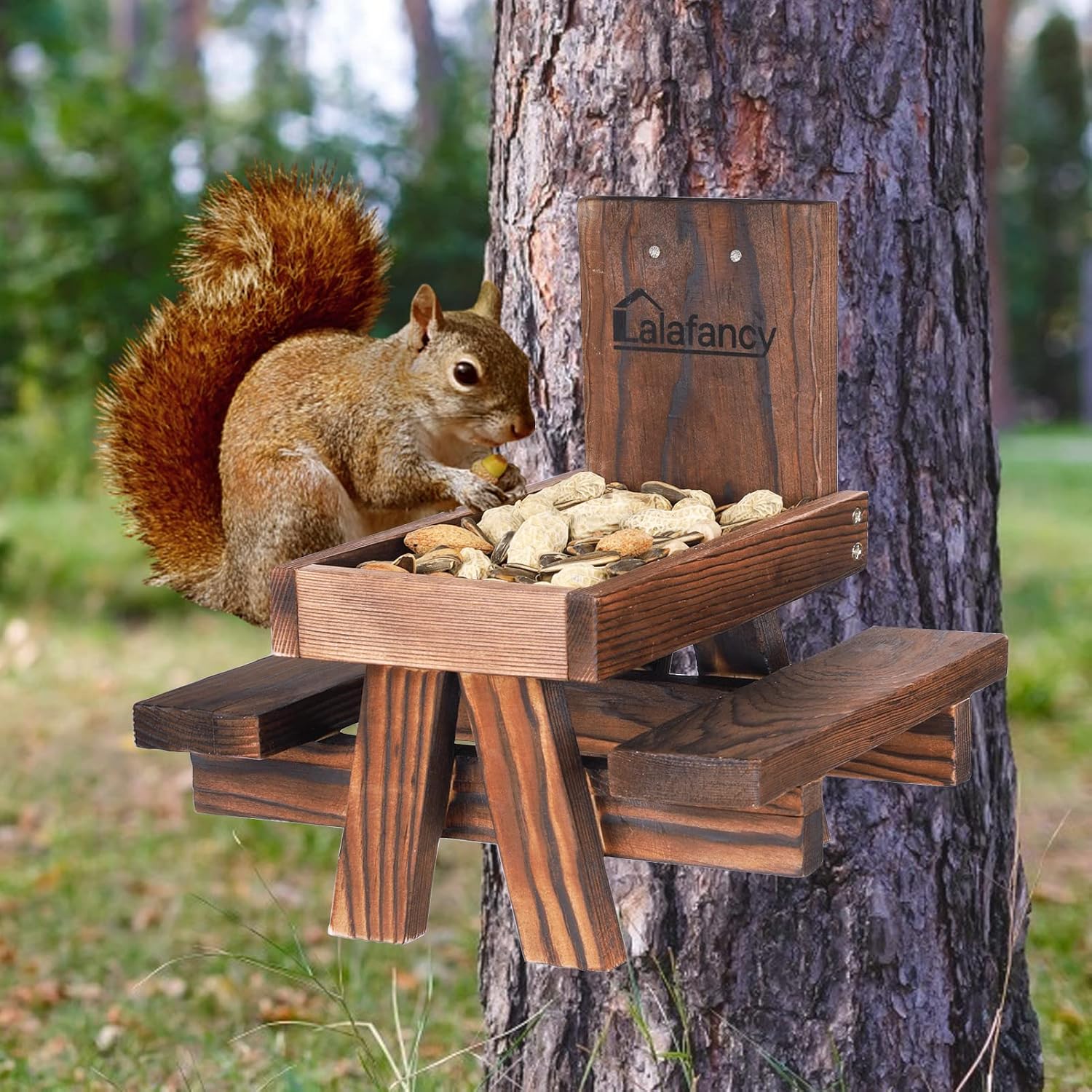 Carbonized Wood Squirrel Feeder, Lalafancy Squirrel Picnic Table Feeder for Fence with Corn Cob Holder, Chipmunk Feeder Gifts for Garden Lovers, Solid Structure Waterproof