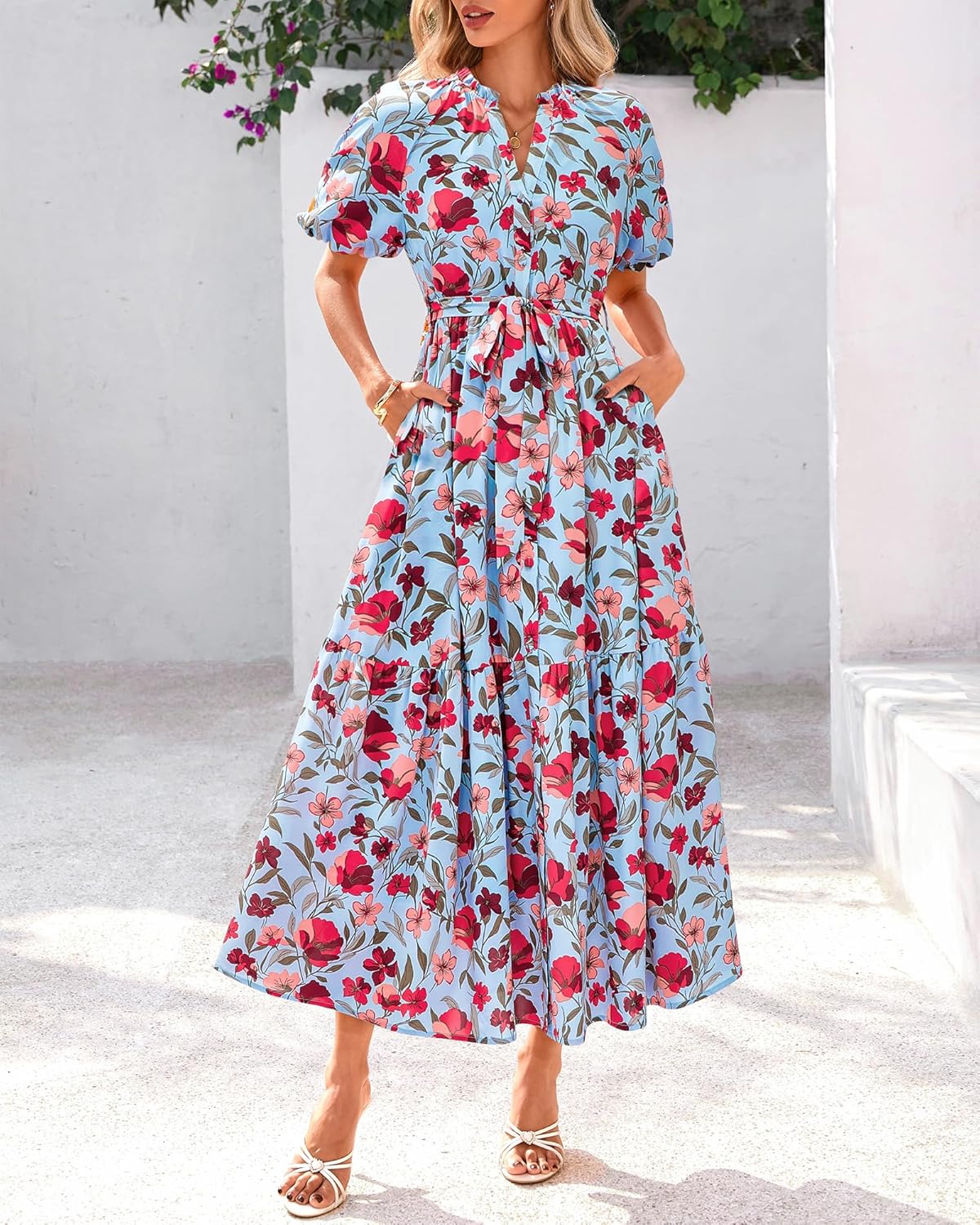 BTFBM Summer Dresses for Women 2026 Boho Short Sleeve V Neck Button Belt Flowy Spring Clothes Beach Vacation Maxi Dress - Image 2